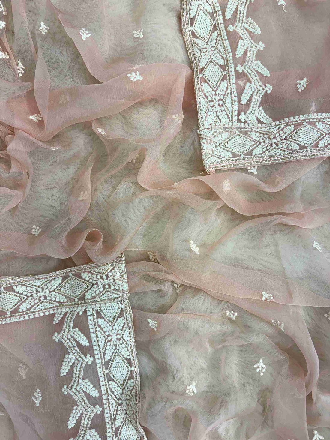 Baby Pink chiffon dupatta with delicate chikankari floral motifs