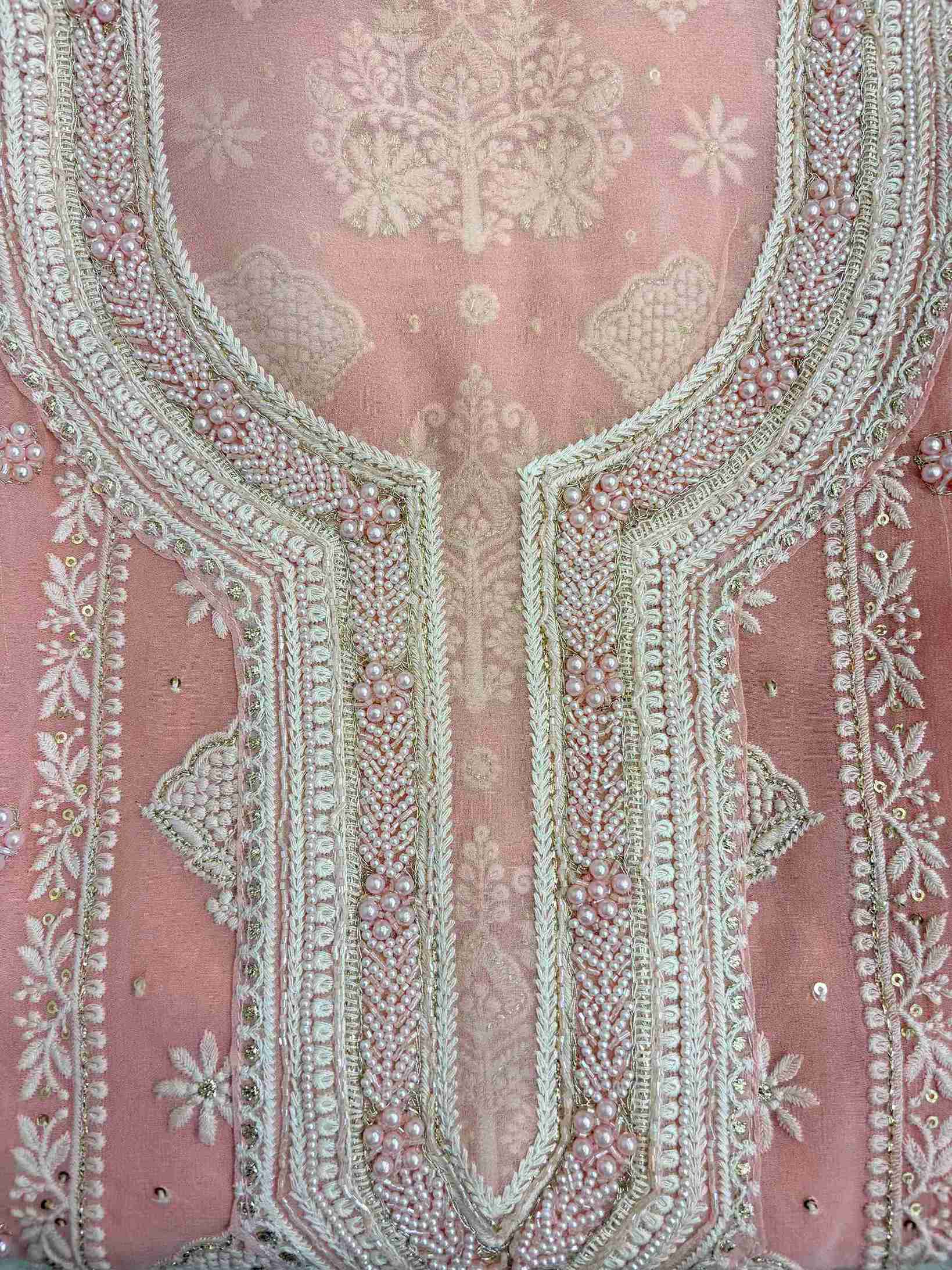 Baby Pink georgette shirt featuring all-over chikankari embroidery with panel design