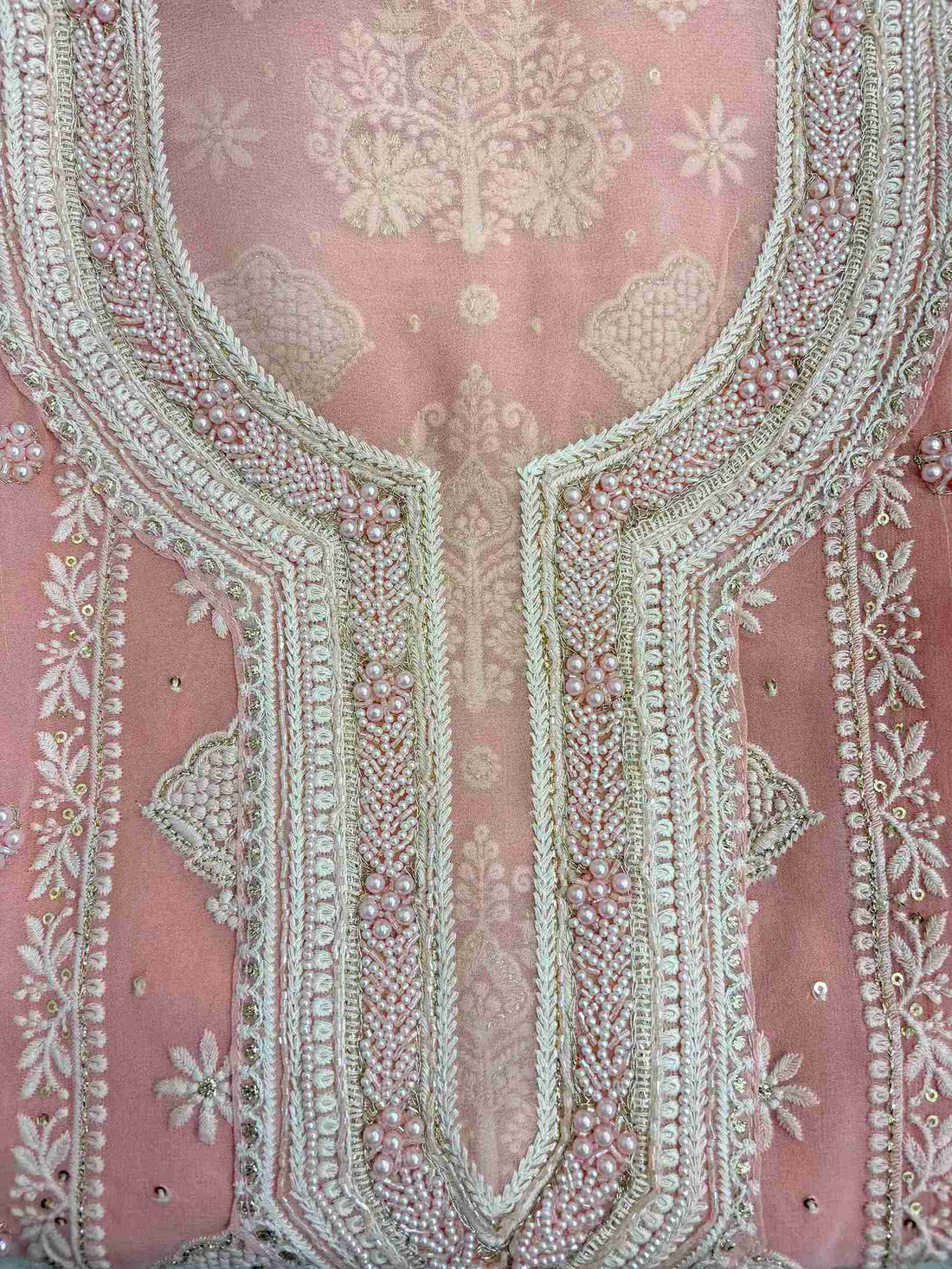 Baby Pink georgette shirt featuring all-over chikankari embroidery with panel design