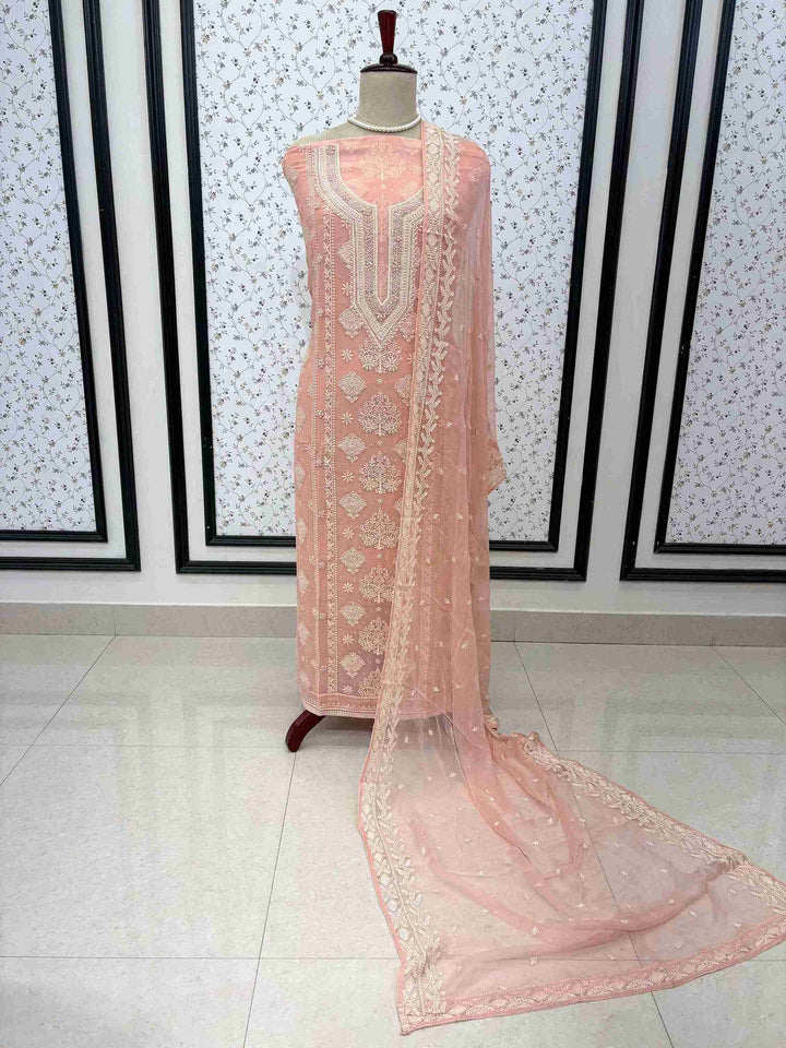 Baby pink heavy chikankari wedding wear unstitched suit set with dupatta