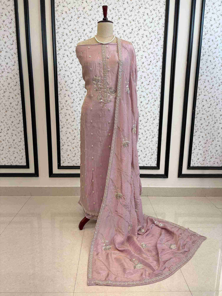 Gulnaar Glow: Blush Pure Soft Tissue Unstitched Suit with Glitter Neck & Hand Embroidered Dupatta