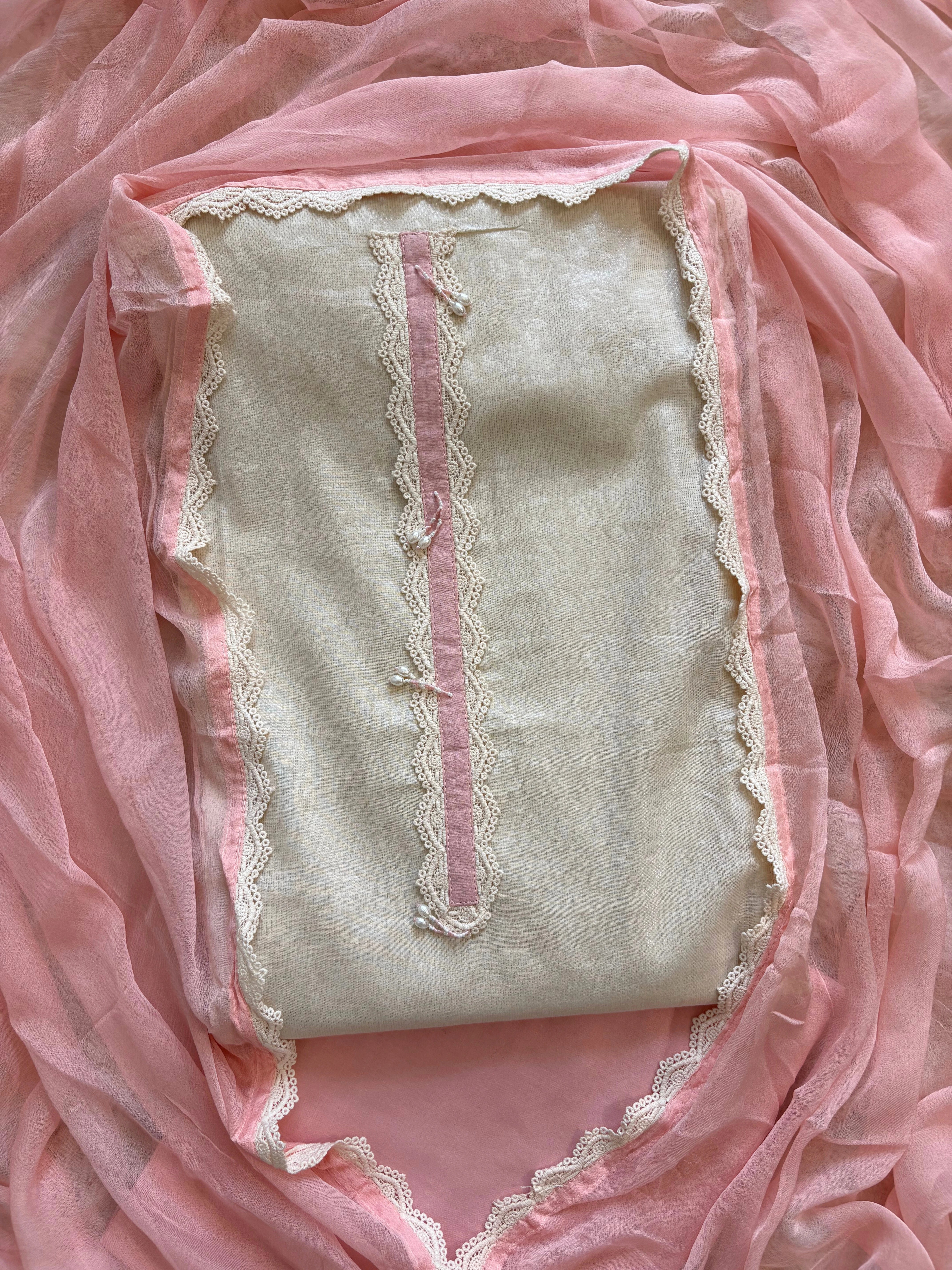 Ivory Schiffli Cotton Suit with Lace Accents & Pearl Embroidery | Summer Festive Lawn Collection