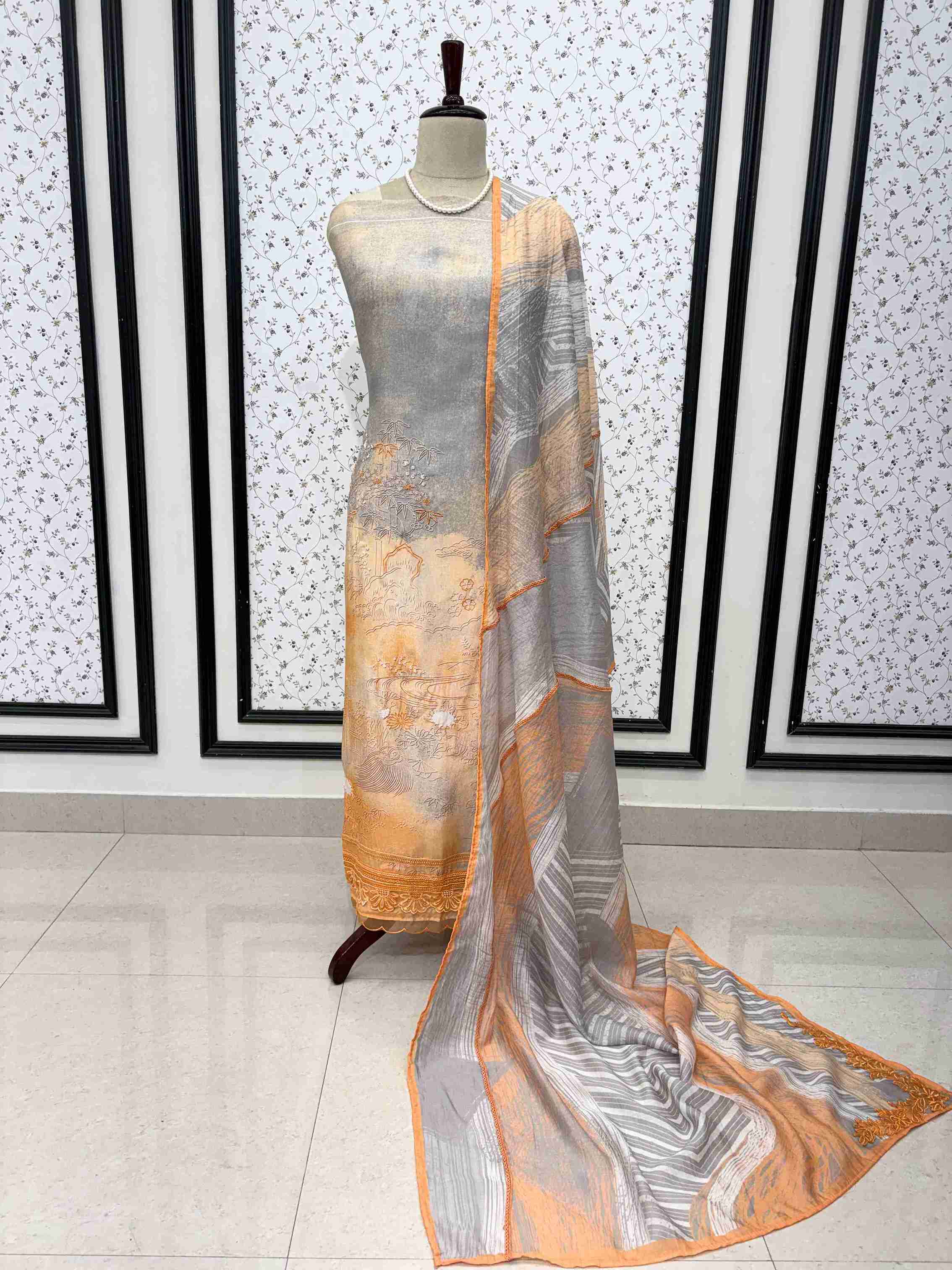 Grey Orange Pure Muslin Digital Print Handwork Unstitched Suit Set