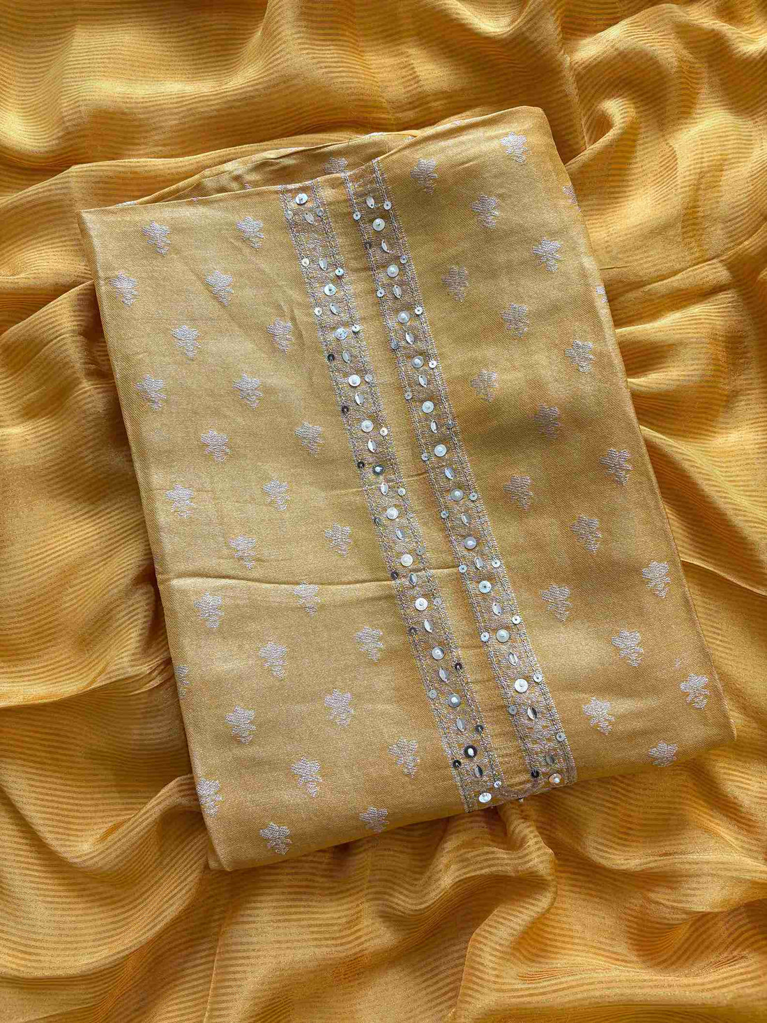 Shimmer Tissue unstitched suit in Yellow color- The Zareesh