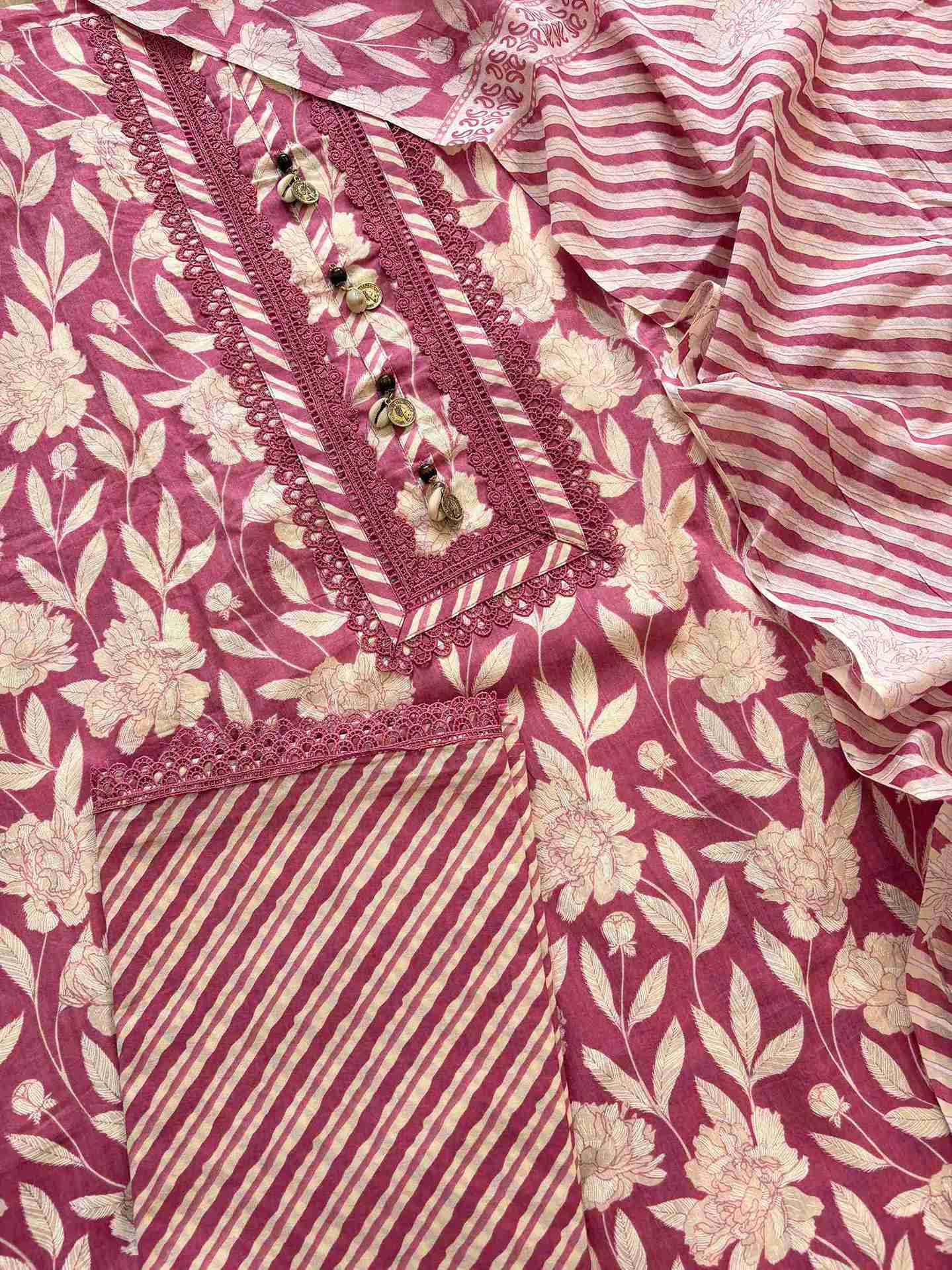 Cotton with lace work unstitched suit- The Zareesh