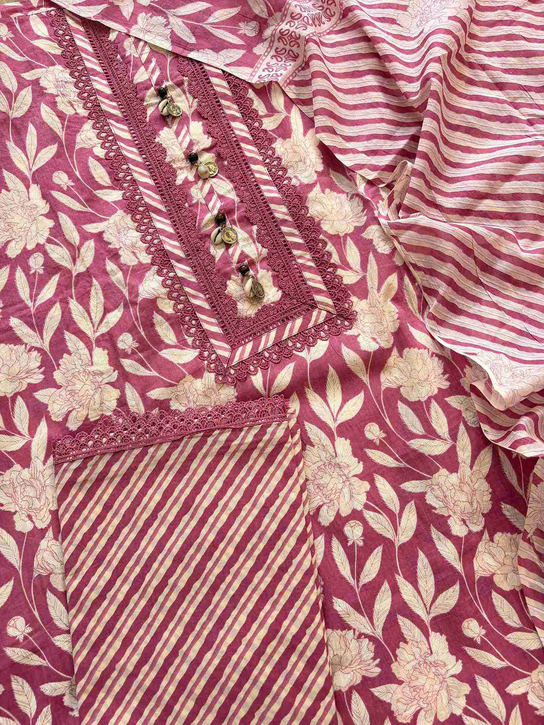 Cotton with lace work unstitched suit- The Zareesh