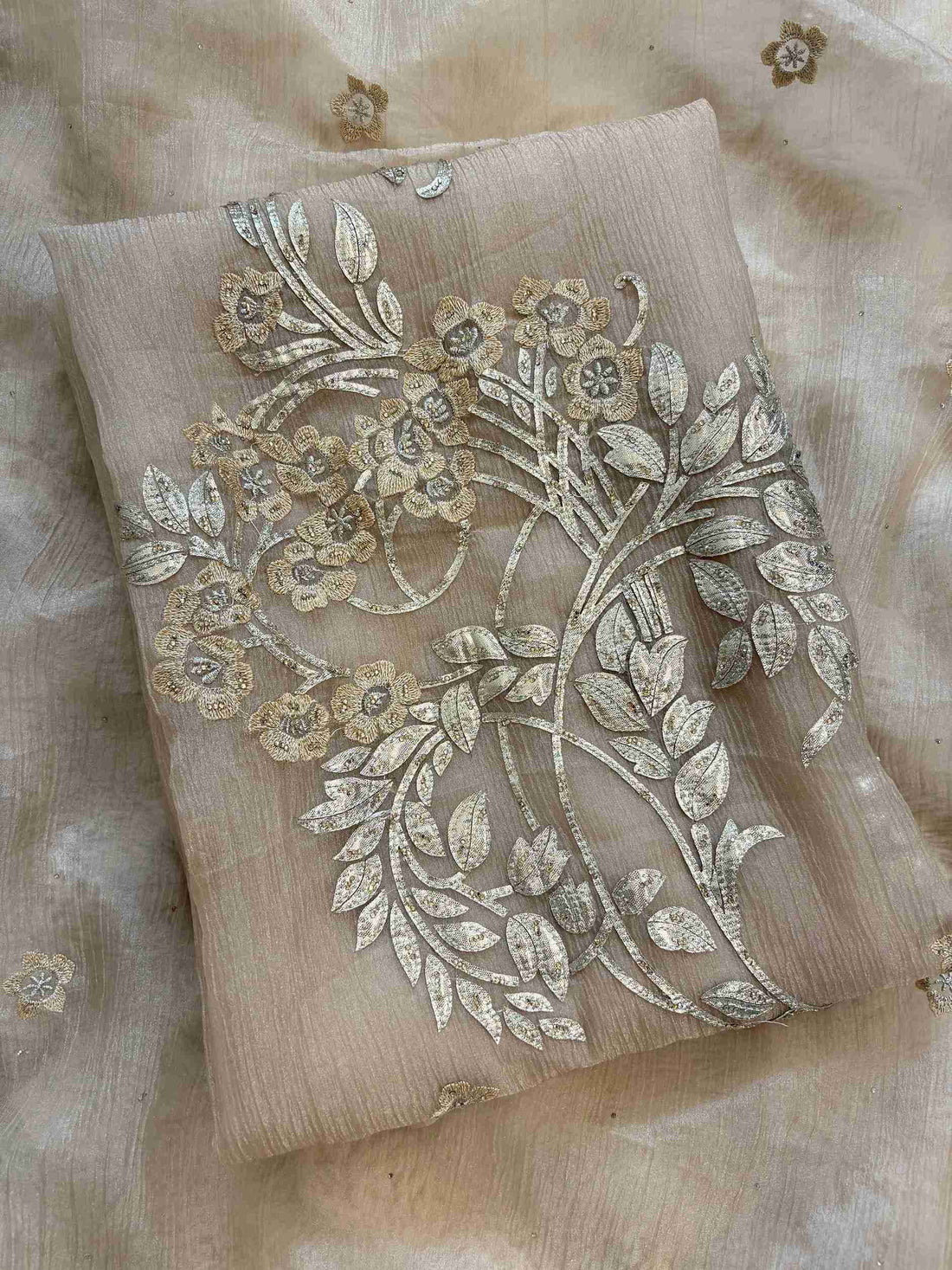 Beige gota work detailing on dusty pink marble chiffon shirt