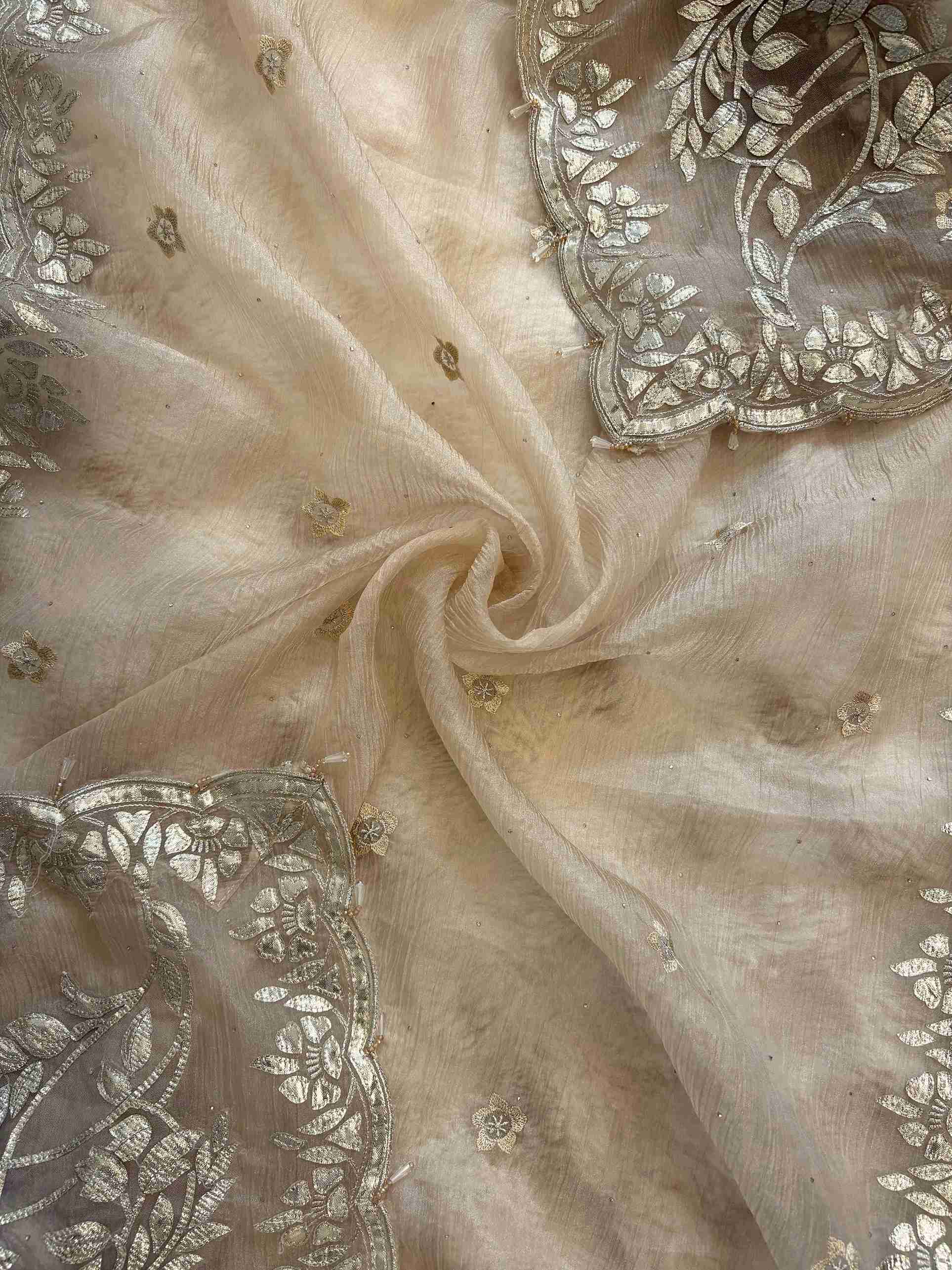 Biege marble chiffon dupatta with silver gota border