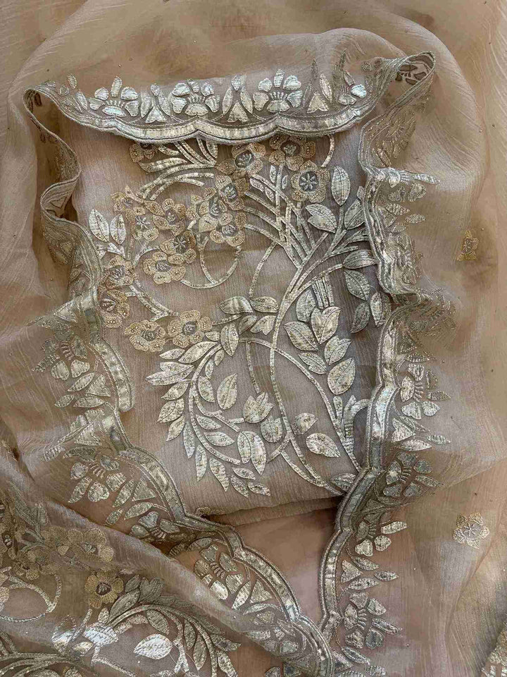 Beige marble chiffon unstitched suit with silver gota embroidery