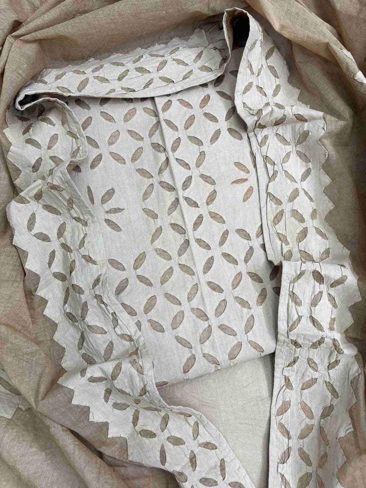Beige pure cotton unstitched suit set with applique jaali handwork on shirt and geometric dupatta