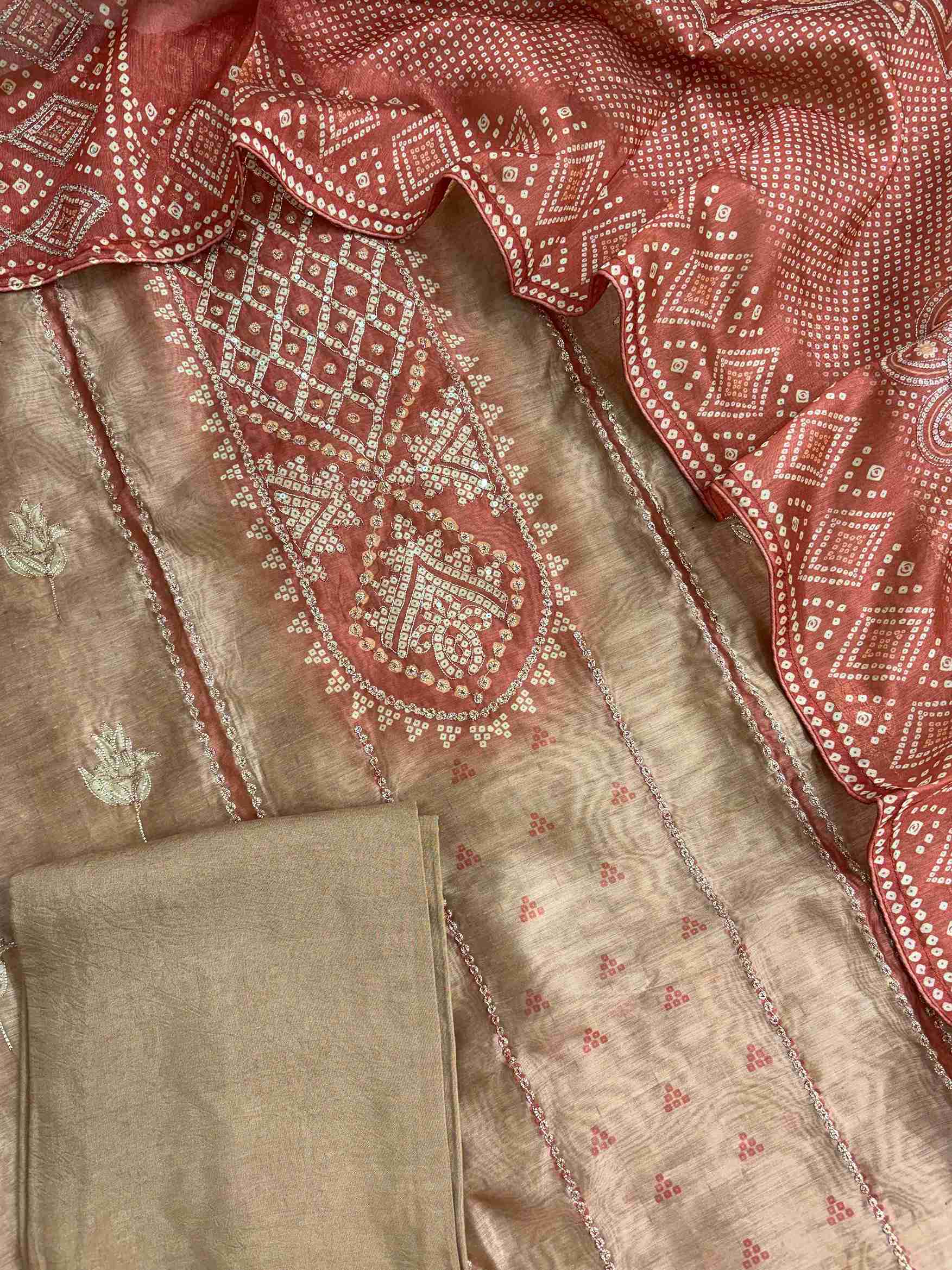 Beige cotton silk bottom fabric detail matching the chanderi silk shirt base color