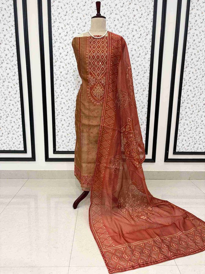 Beige and red chanderi silk unstitched suit full flat lay set with shirt, dupatta, and cotton silk bottom