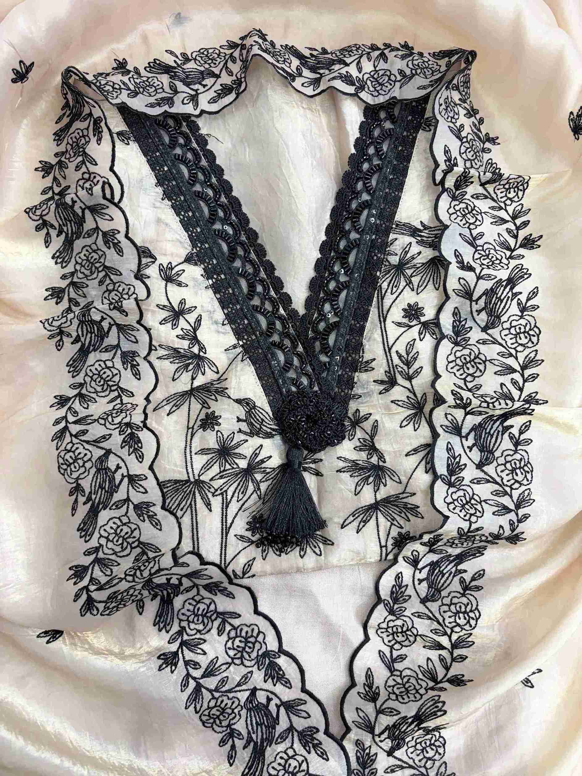 Beige tissue suit with black resham embroidery and V neckline