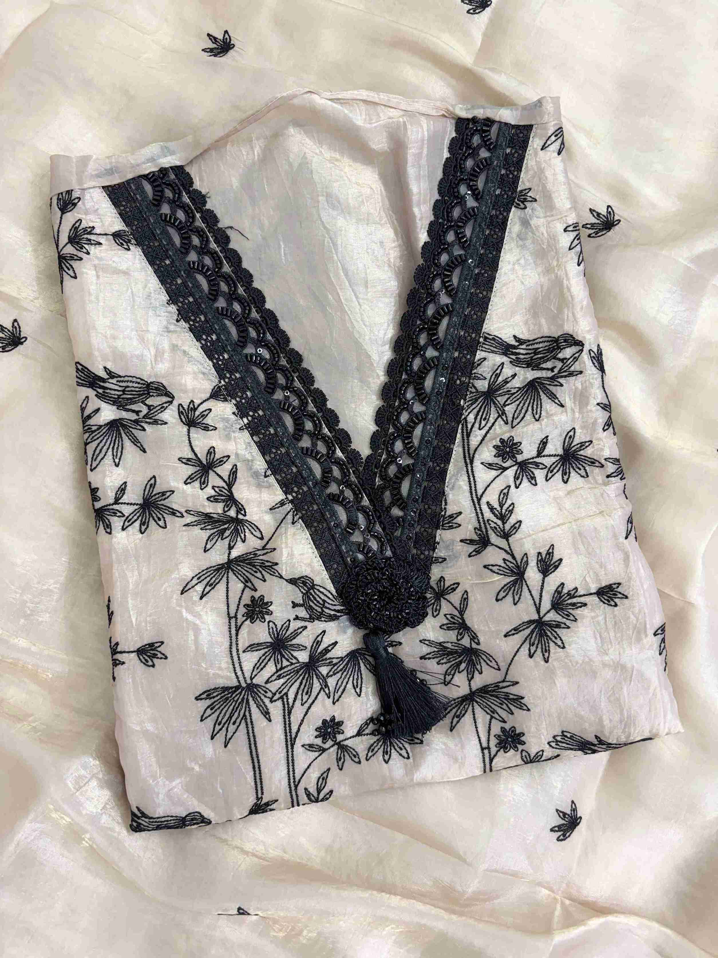 V neckline with black resham embroidery on beige tissue suit