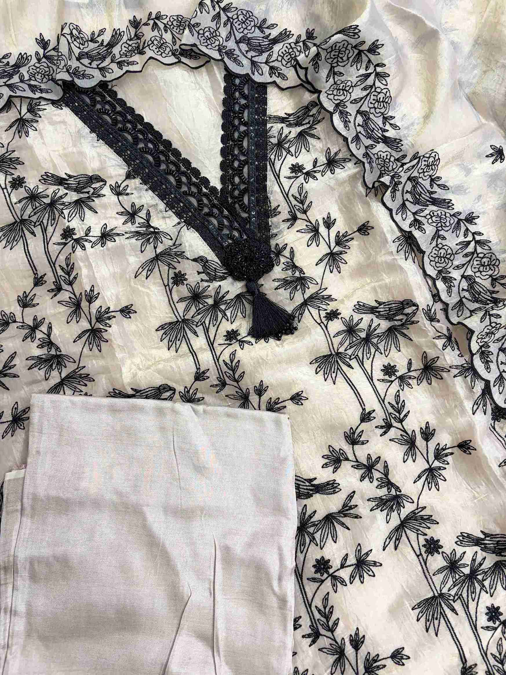 Beige tissue suit with allover black thread embroidery design