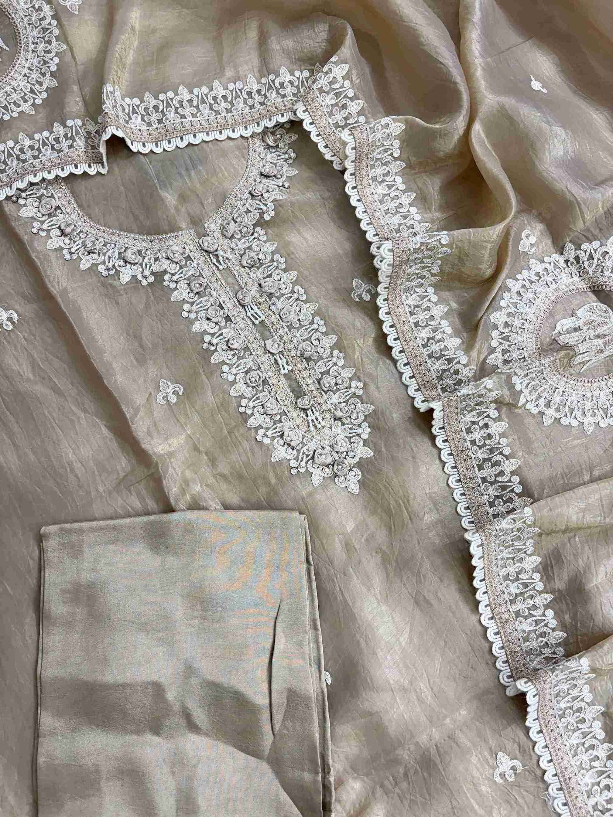 Beige tissue dupatta with elegant embroidered motifs and border