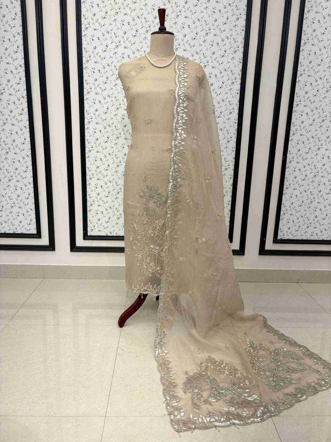 Matching beige tusser crepe bottom fabric