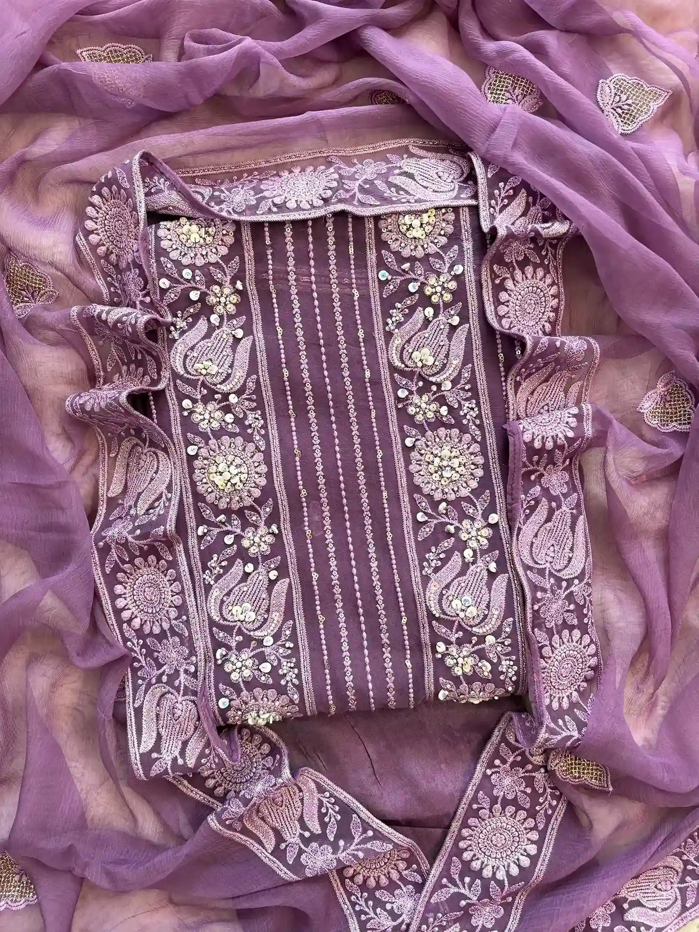 purple georgette party wear chikankari sunstitched suit for women
