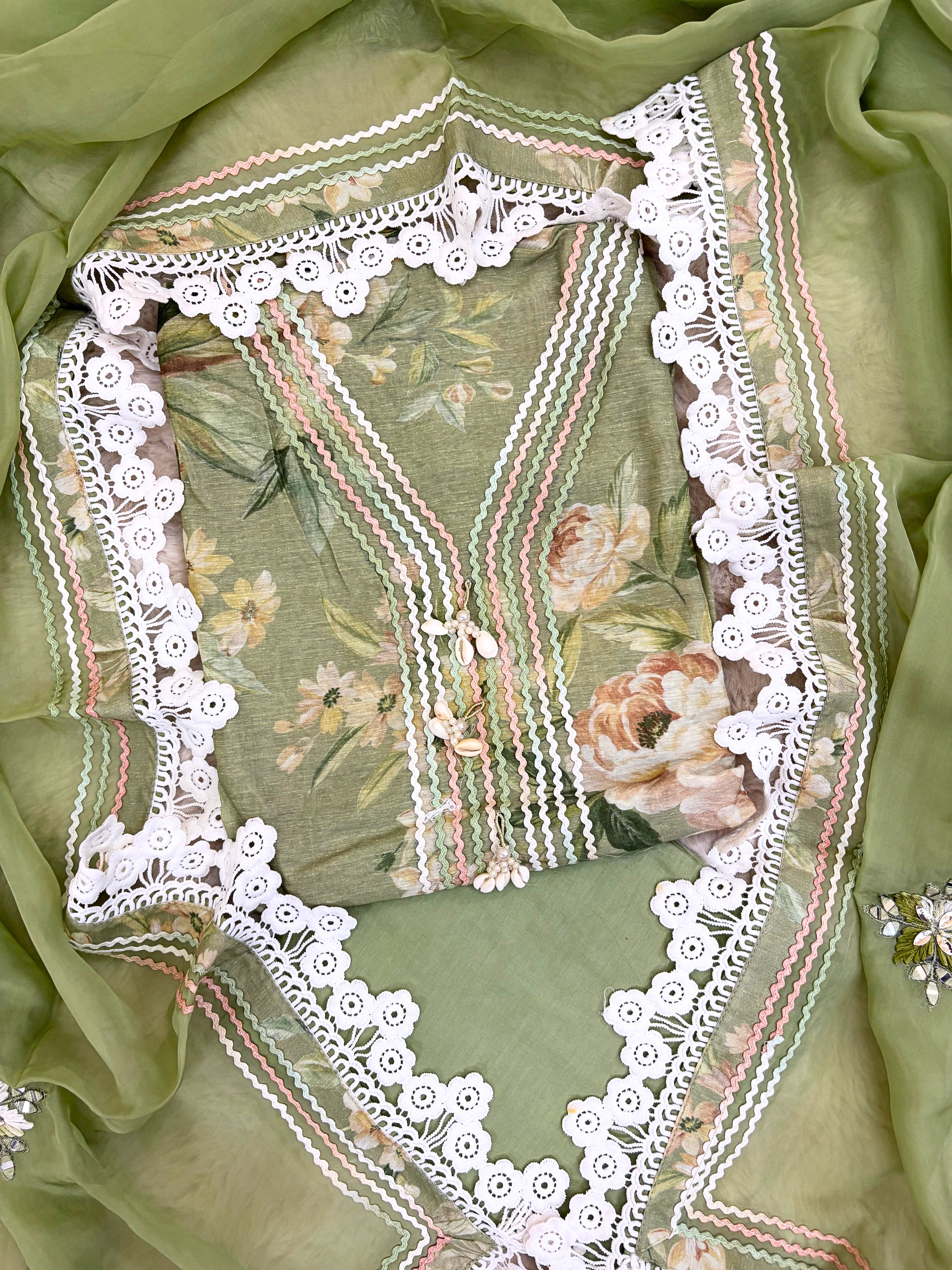 Haya-e-Bahar: Pastel Green Floral Linen Suit with Lace Detailing Organza Dupatta