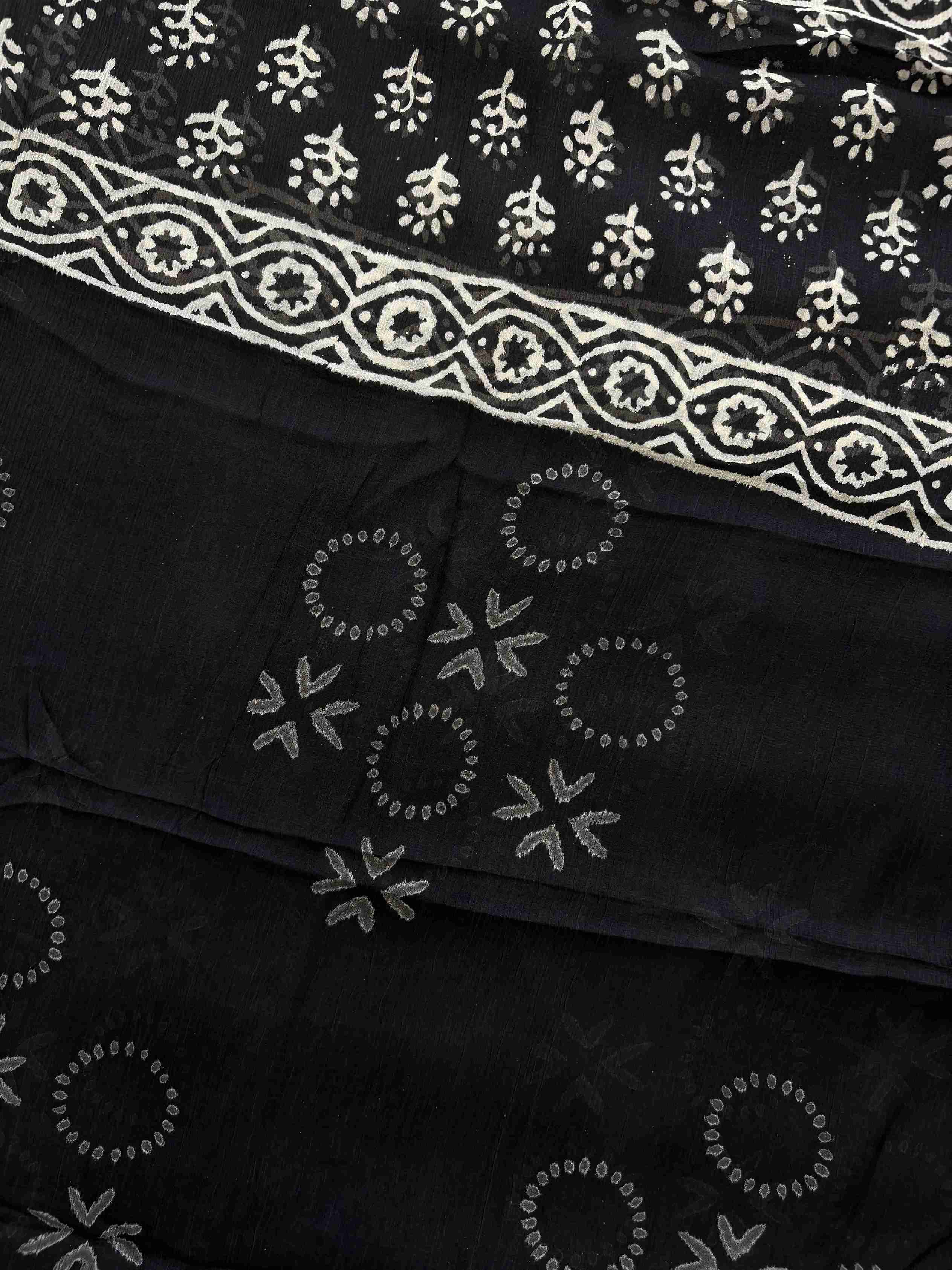 Black chiffon dupatta with handblock-inspired motifs and printed border