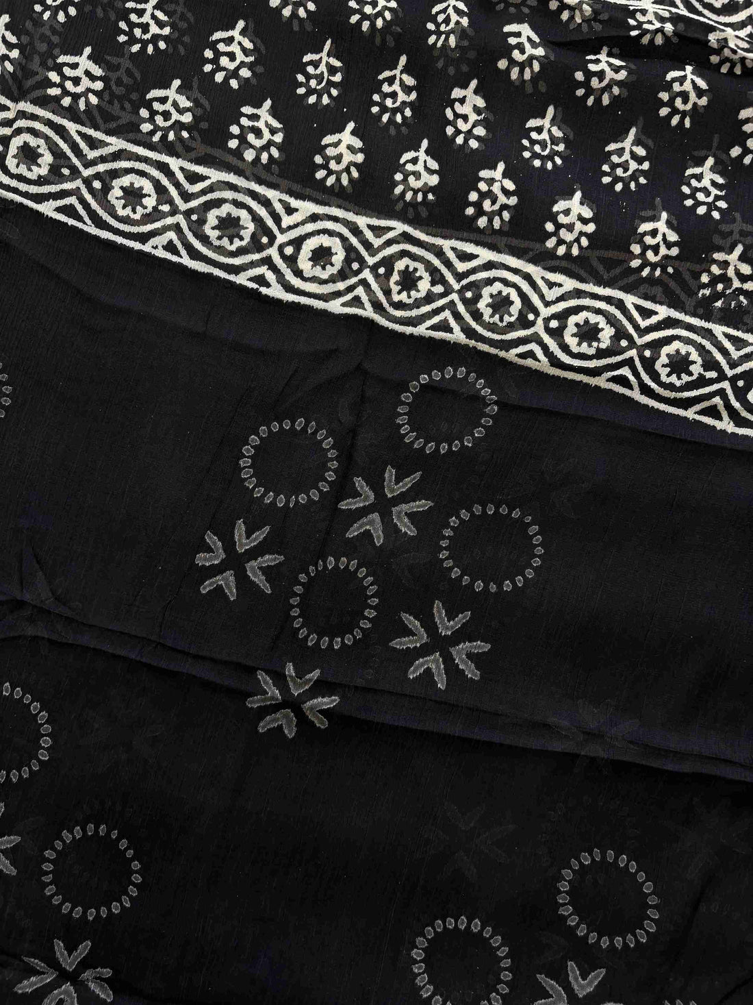Black chiffon dupatta with handblock-inspired motifs and printed border