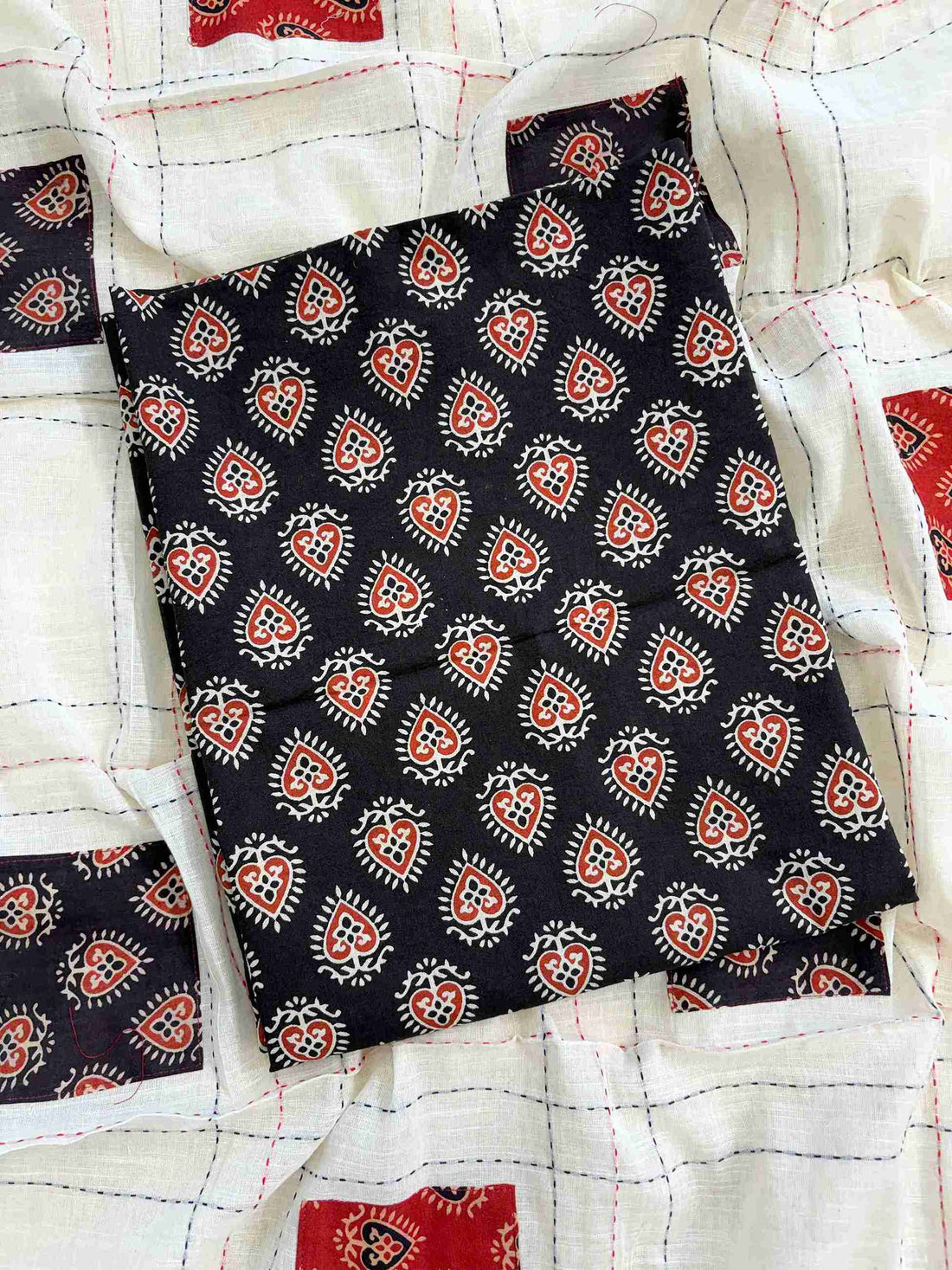 Detailed texture view of black handblock printed pure cotton fabric