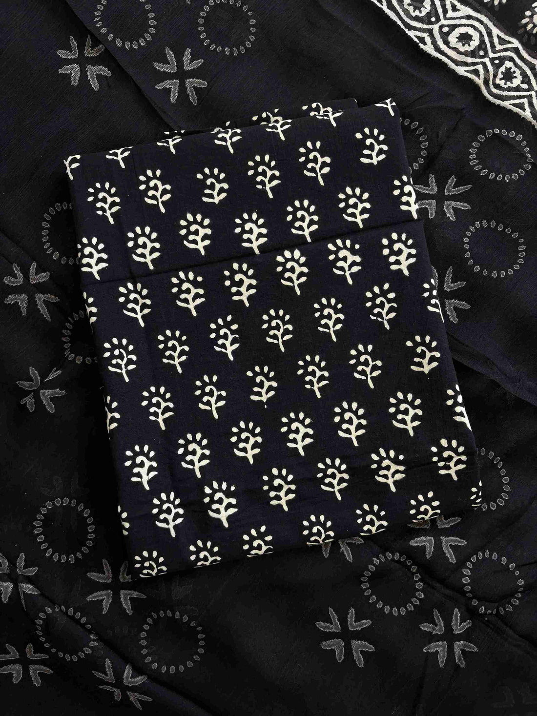 Black Jaipuri handblock printed cotton unstitched suit front view with chiffon dupatta