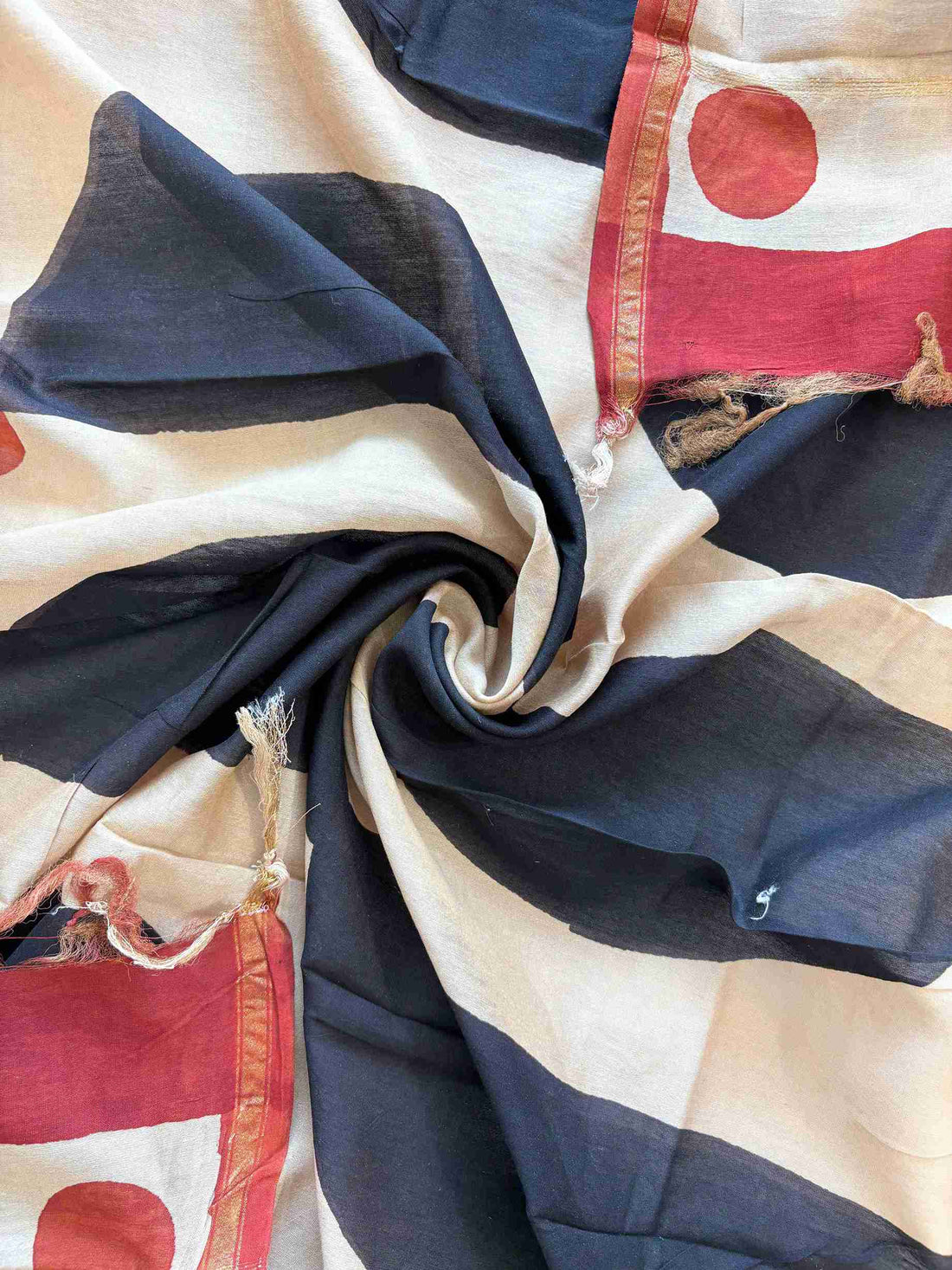 Black and beige Maheshwari silk dupatta with geometric hand block print and rust dots