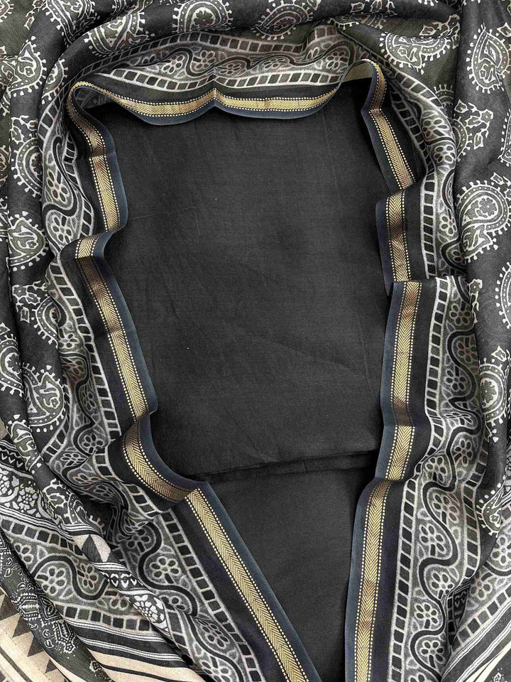 Black Maheshwari silk suit front view with plain shirt and Ajrakh printed dupatta