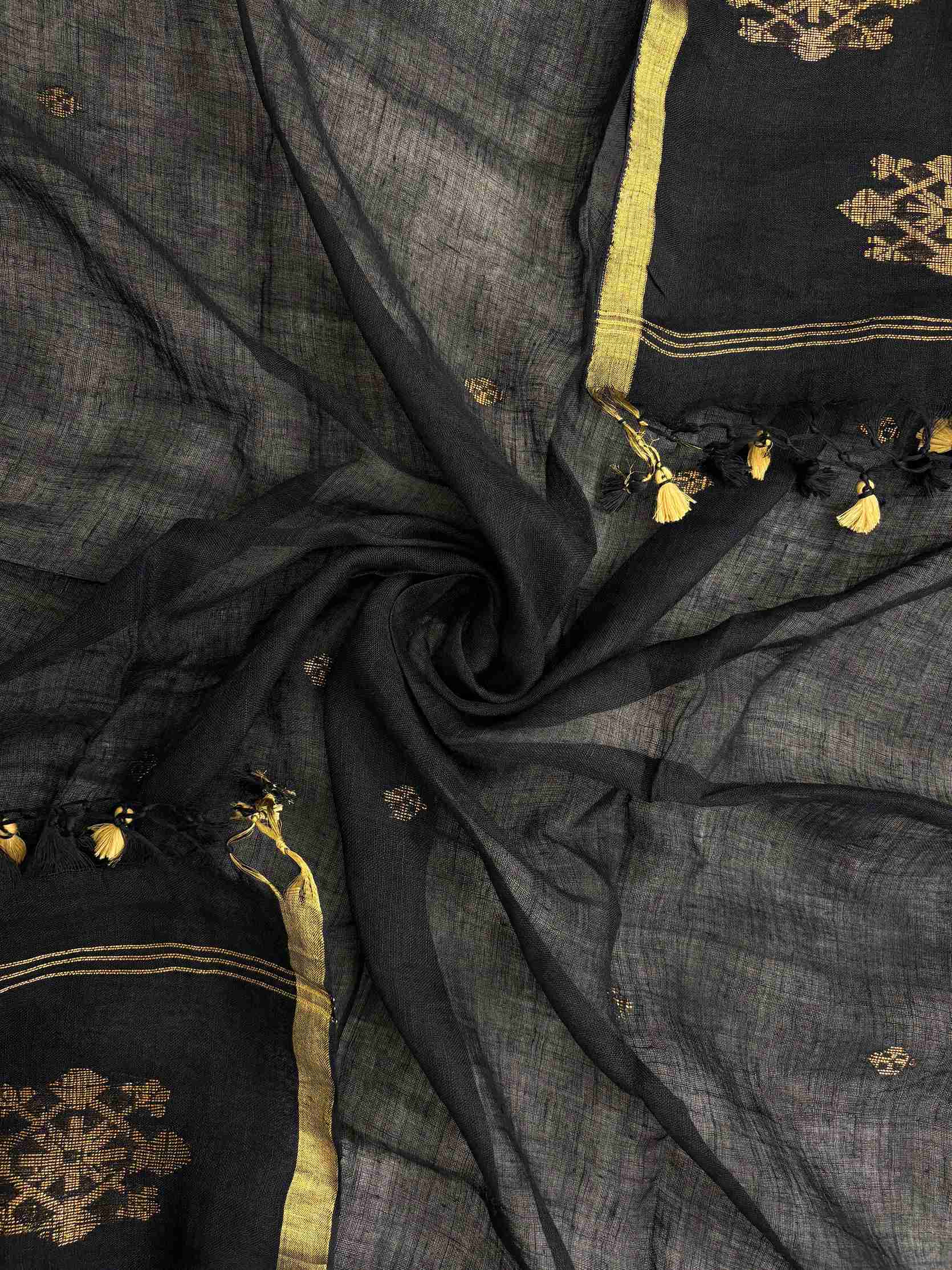 Gold zari woven border along edges of black pure handloom linen dupatta