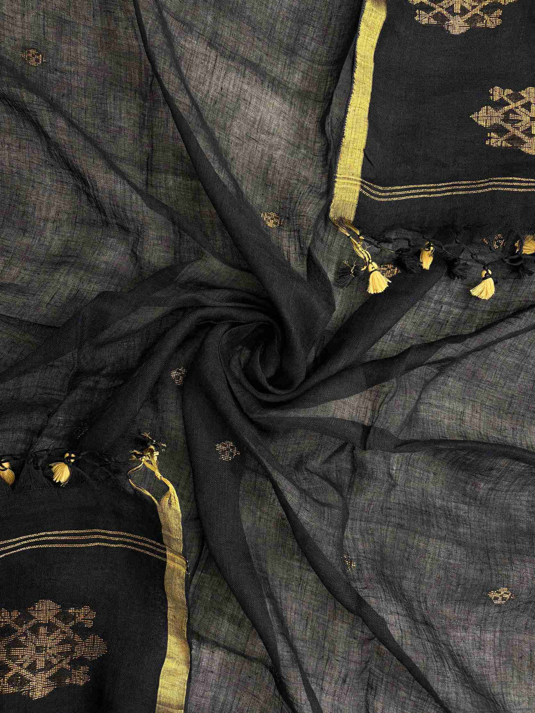 Gold zari woven border along edges of black pure handloom linen dupatta
