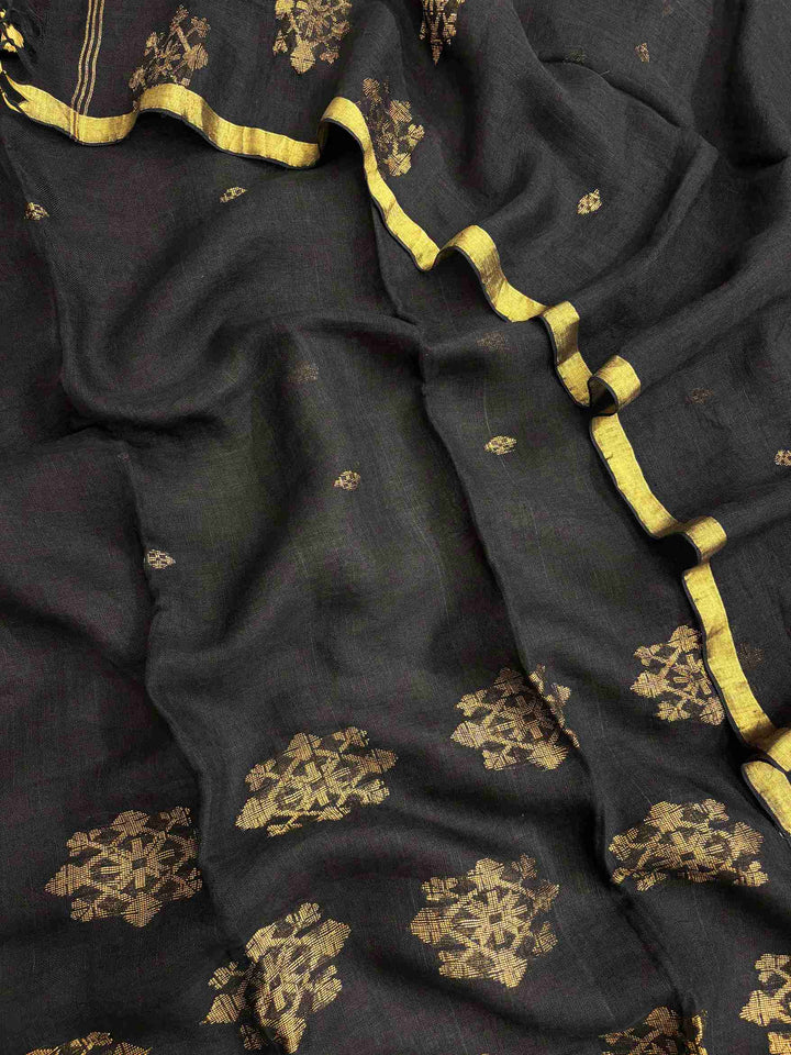 Scattered golden woven floral cluster motifs across black pure handloom linen dupatta surface