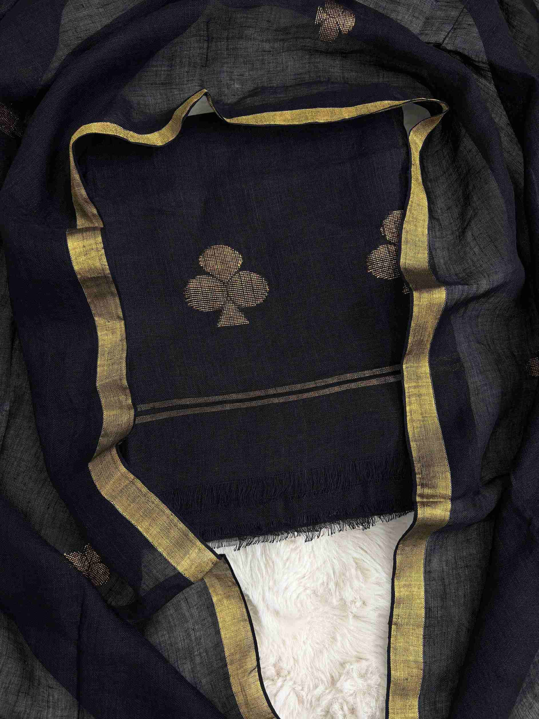 Scattered golden geometric spade woven motifs across black pure handloom linen shirt body