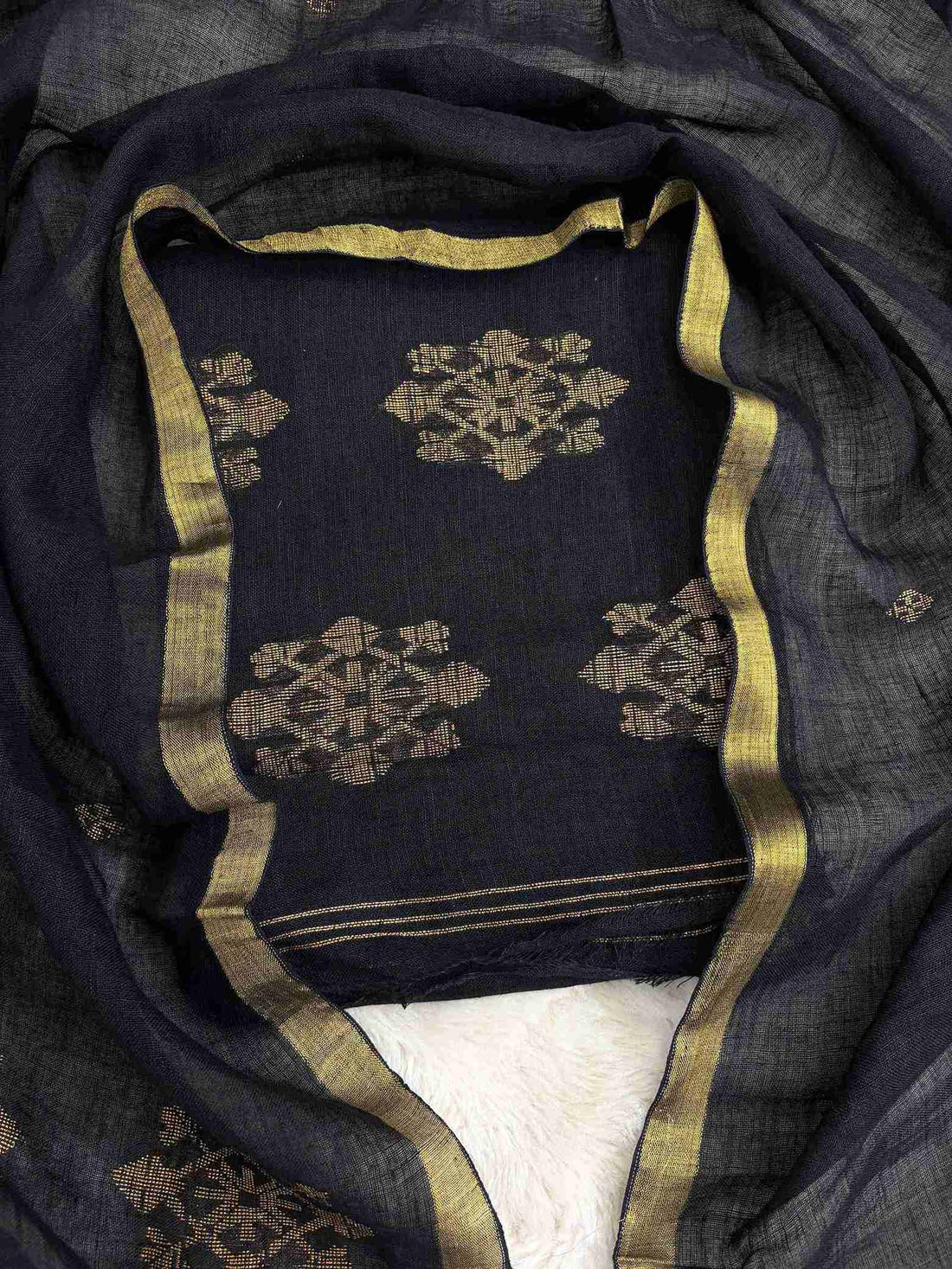 Scattered golden woven floral cluster motifs across black pure handloom linen shirt body