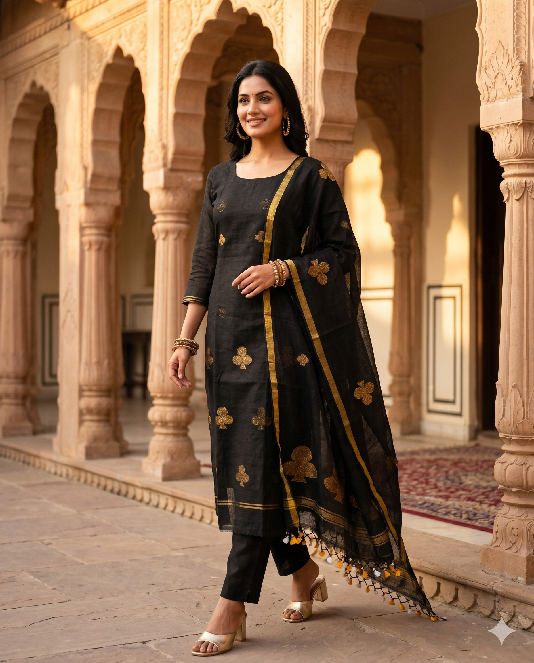 Model Wearing Complete black pure handloom linen unstitched 2-piece  with shirt and dupatta showing golden spade motifs