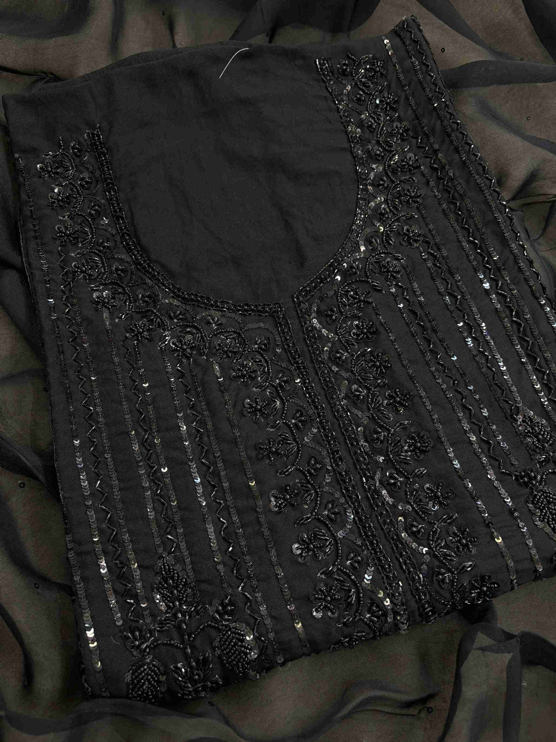 Black organza unstitched suit shirt with dense sequence and bead work