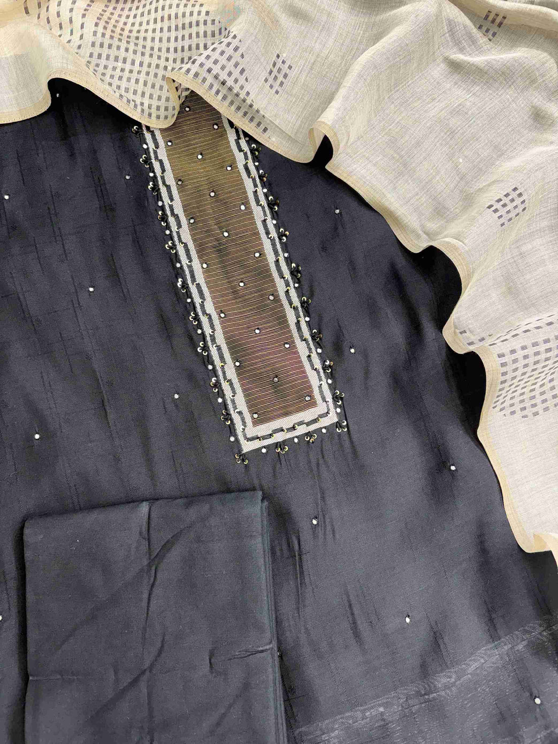 Front view of black viscose unstitched shirt with elegant mirror accents