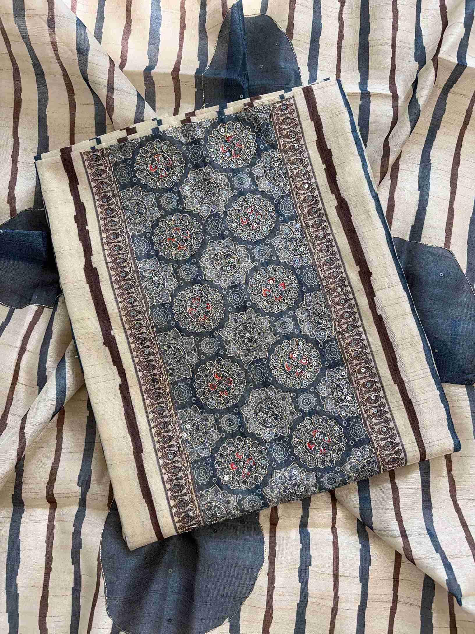 Close-up of blue Ajrakh print neckline detailing on Chanderi kurta fabric