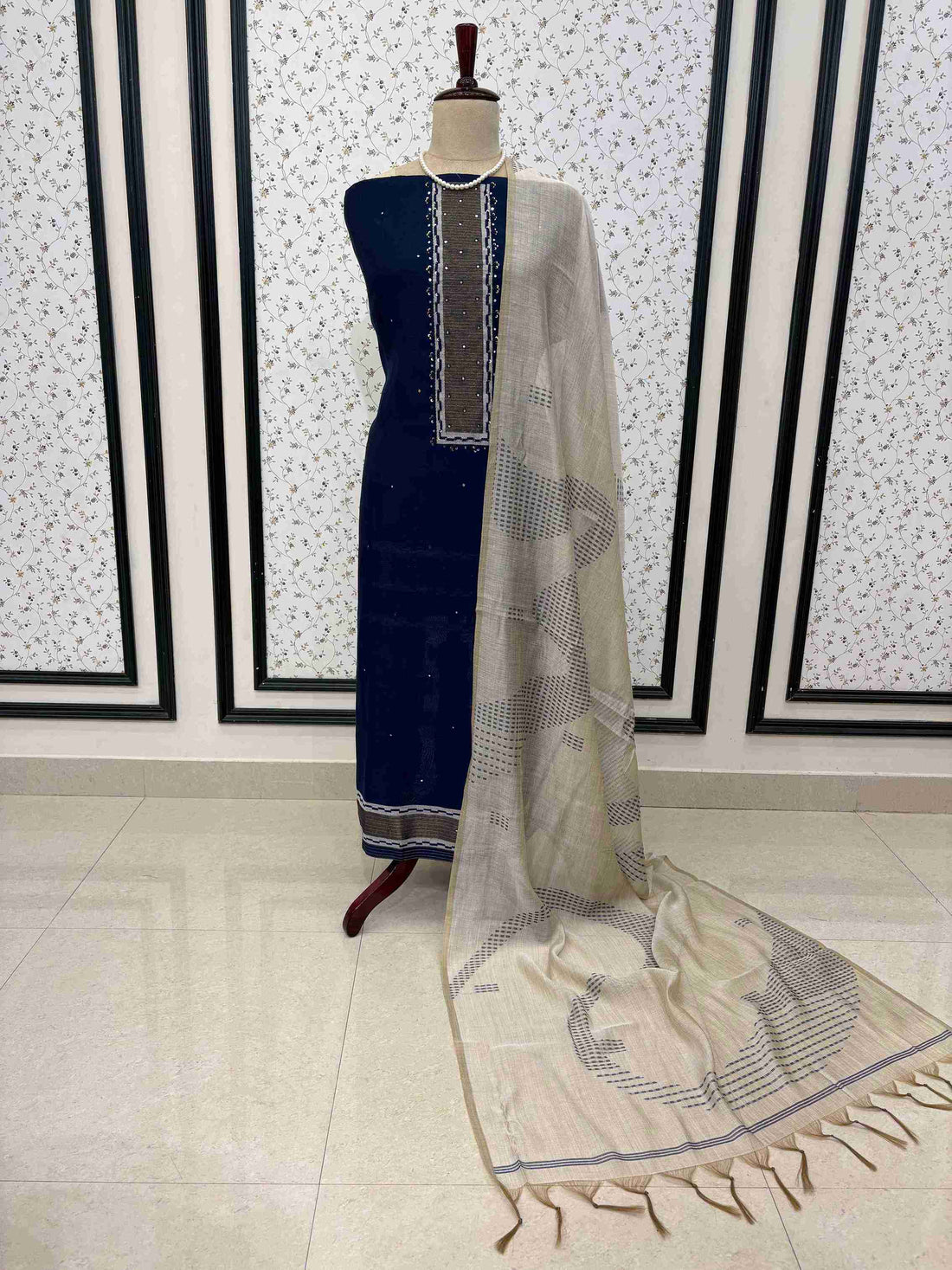 Blue designer viscose suit set with mirror work neckline and cotton bottom