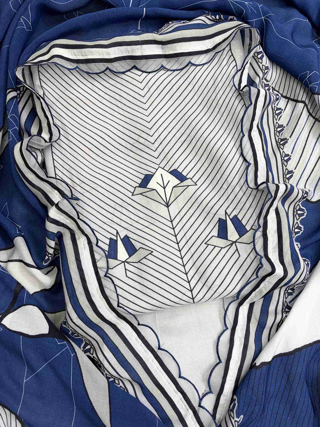 Front view of blue grey pure muslin shirt featuring elegant digital print design