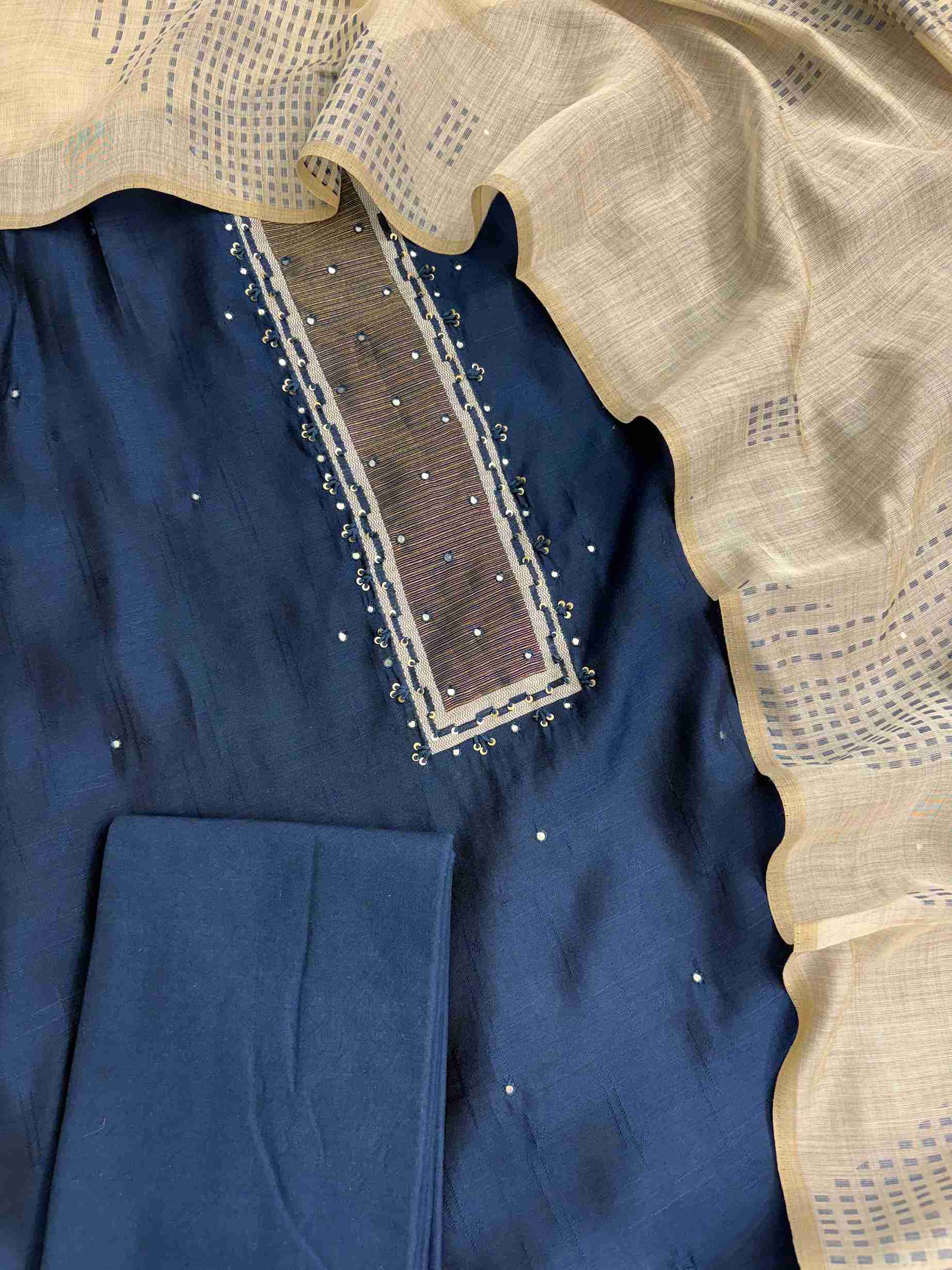 Front view of blue viscose unstitched shirt with elegant mirror accents