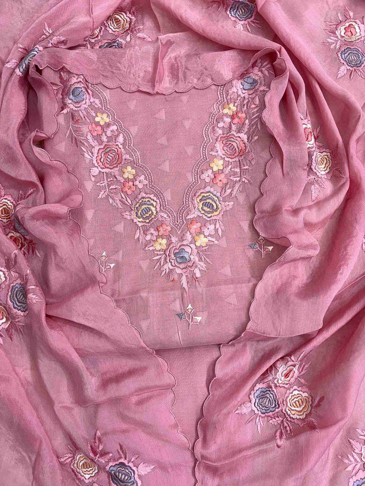 Blush pink cotton suit with floral embroidered V neckline and chinnon dupatta