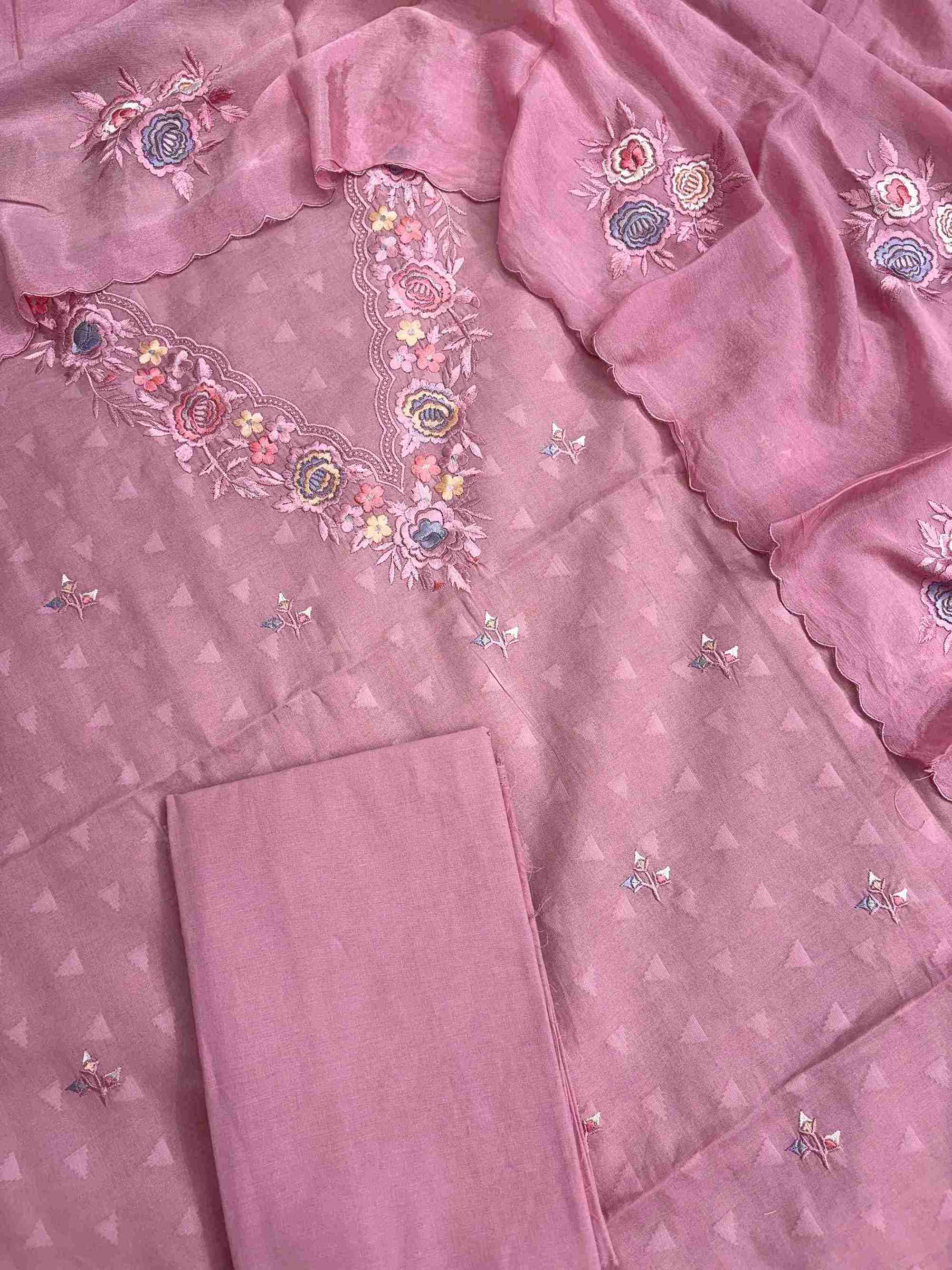 Blush pink cotton suit with embroidered booties and lace style embroidered daaman