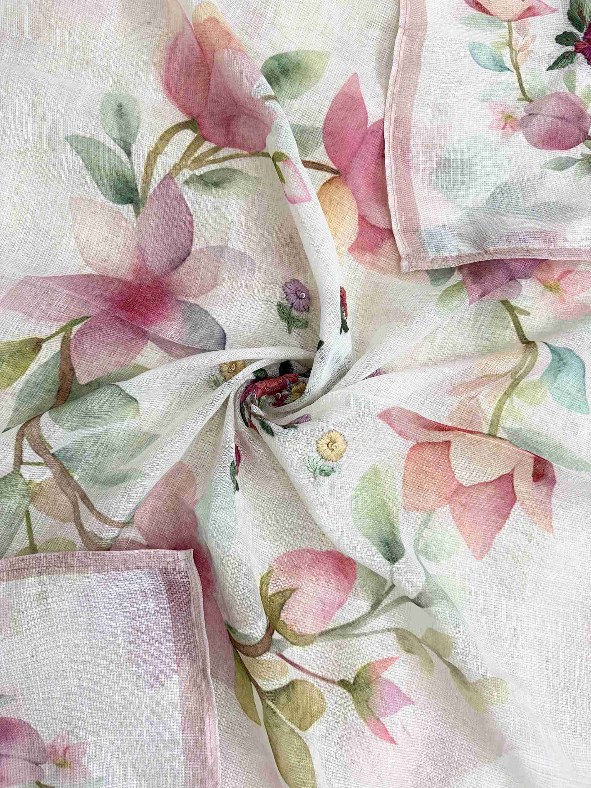 All-over digital floral print with pink roses and botanical blooms on blush pink linen dupatta