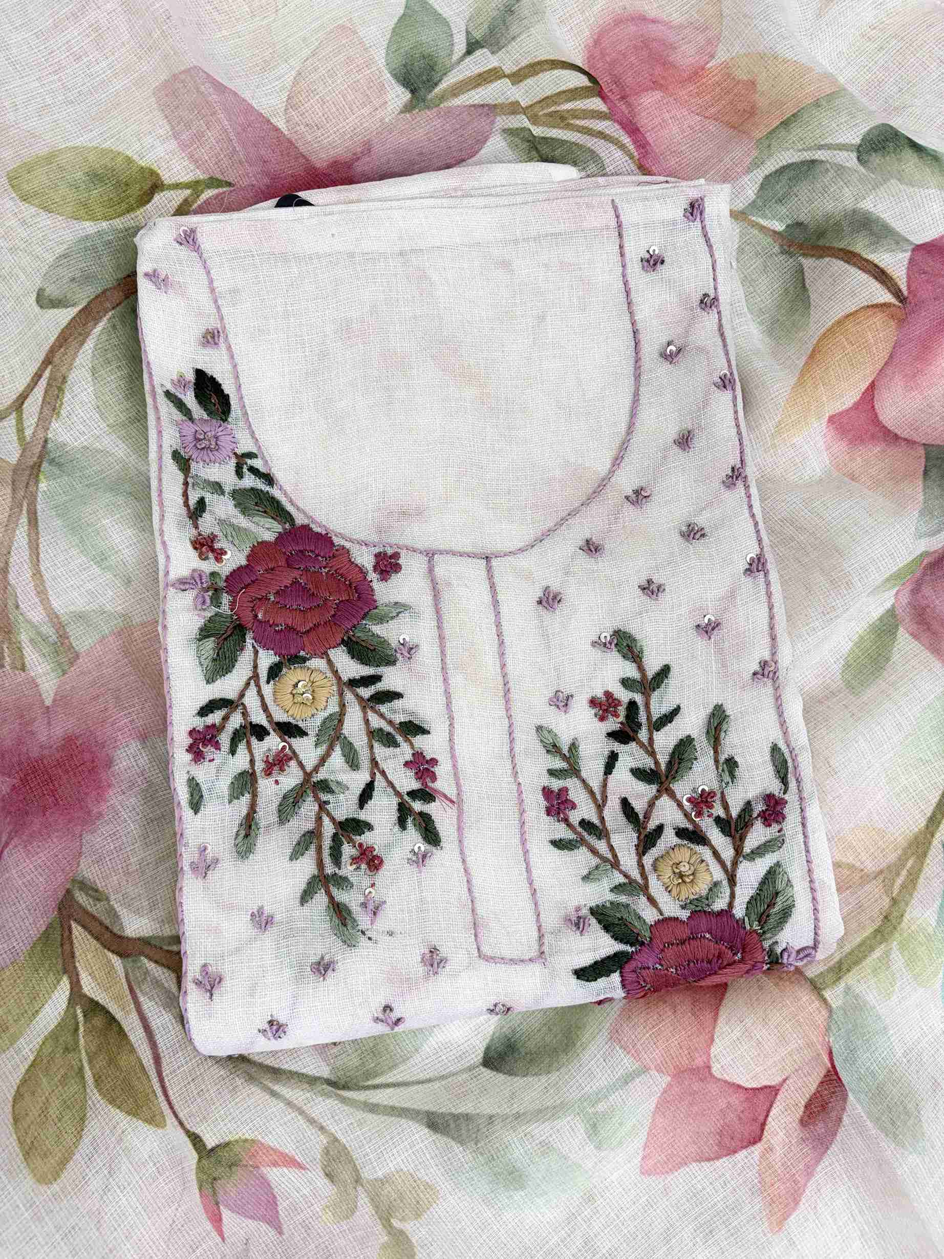 Close-up of 3D effect resham thread embroidered rose and floral motifs on blush pink linen shirt neckline panel