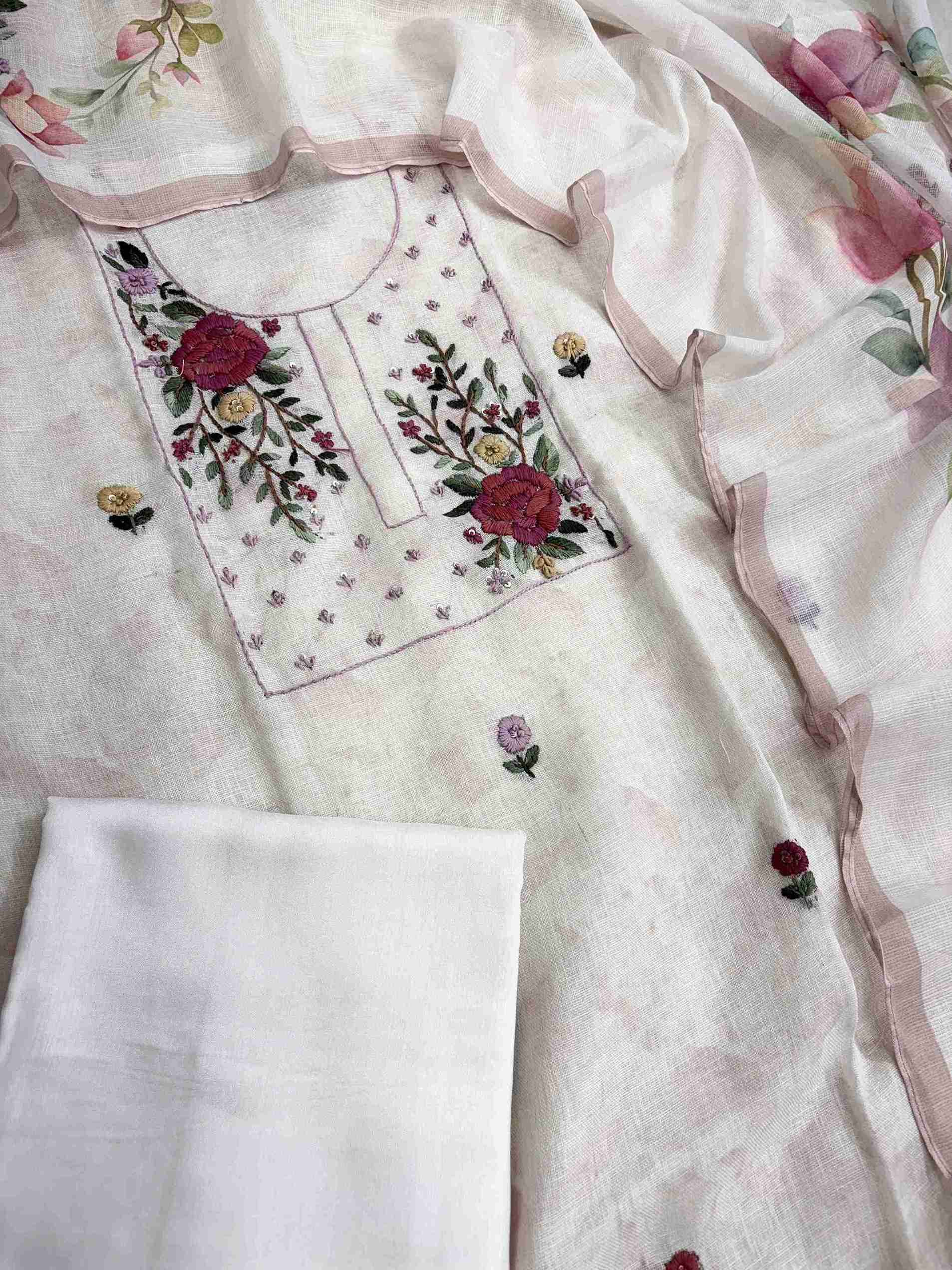 Complete blush pink linen unstitched suit flat lay set with shirt, dupatta, and matching cotton bottom