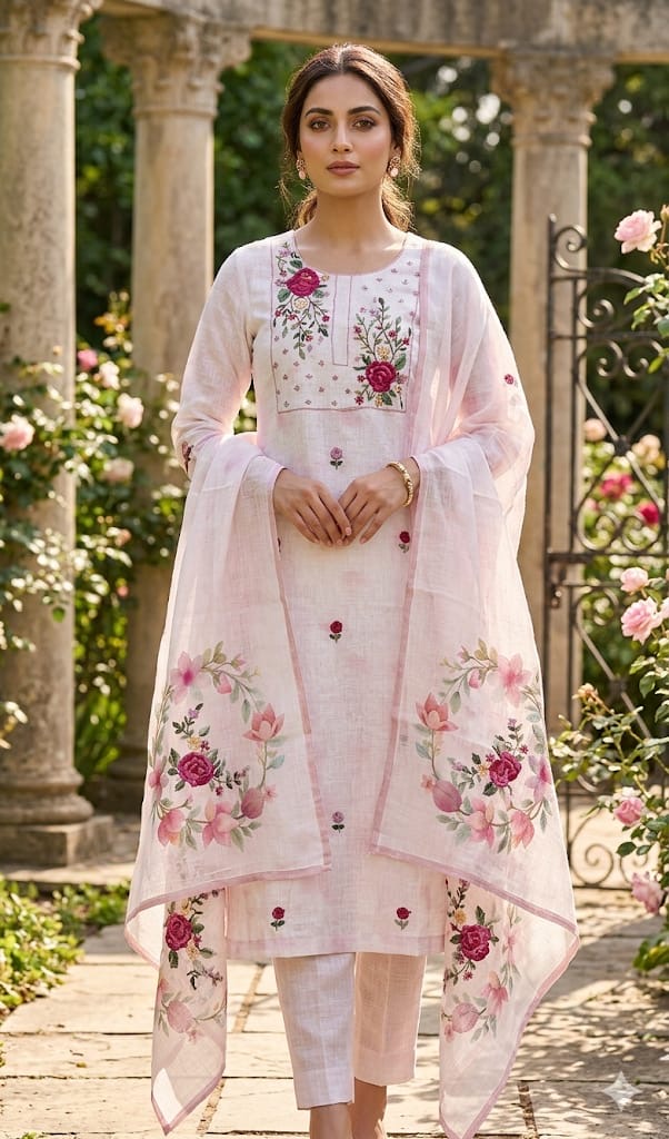 Blush pink linen unstitched suit full front view worn by model with digital floral print dupatta draped