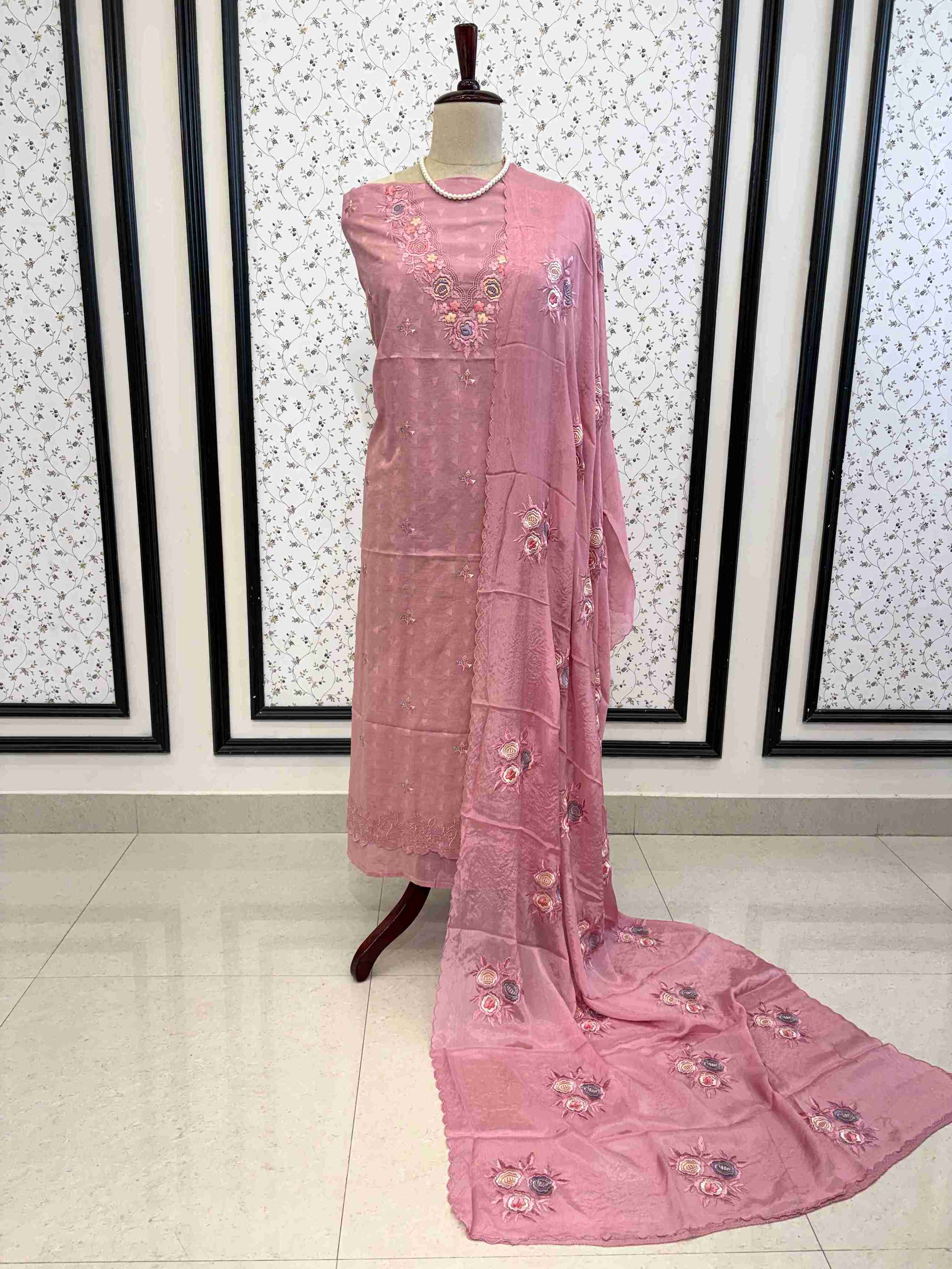 Elegant blush pink cotton unstitched suit set with embroidered chinnon dupatta on manequinn