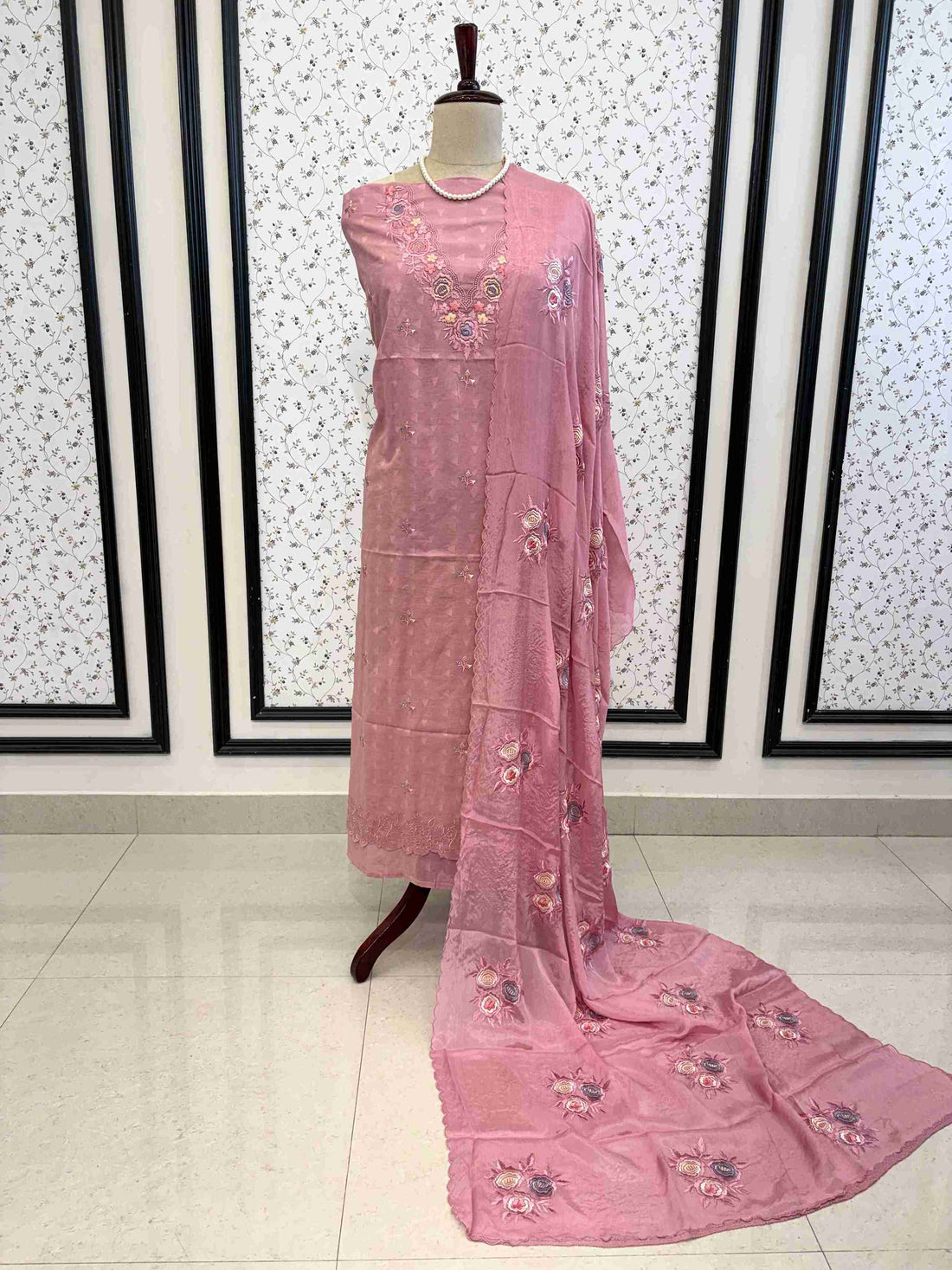 Elegant blush pink cotton unstitched suit set with embroidered chinnon dupatta on manequinn