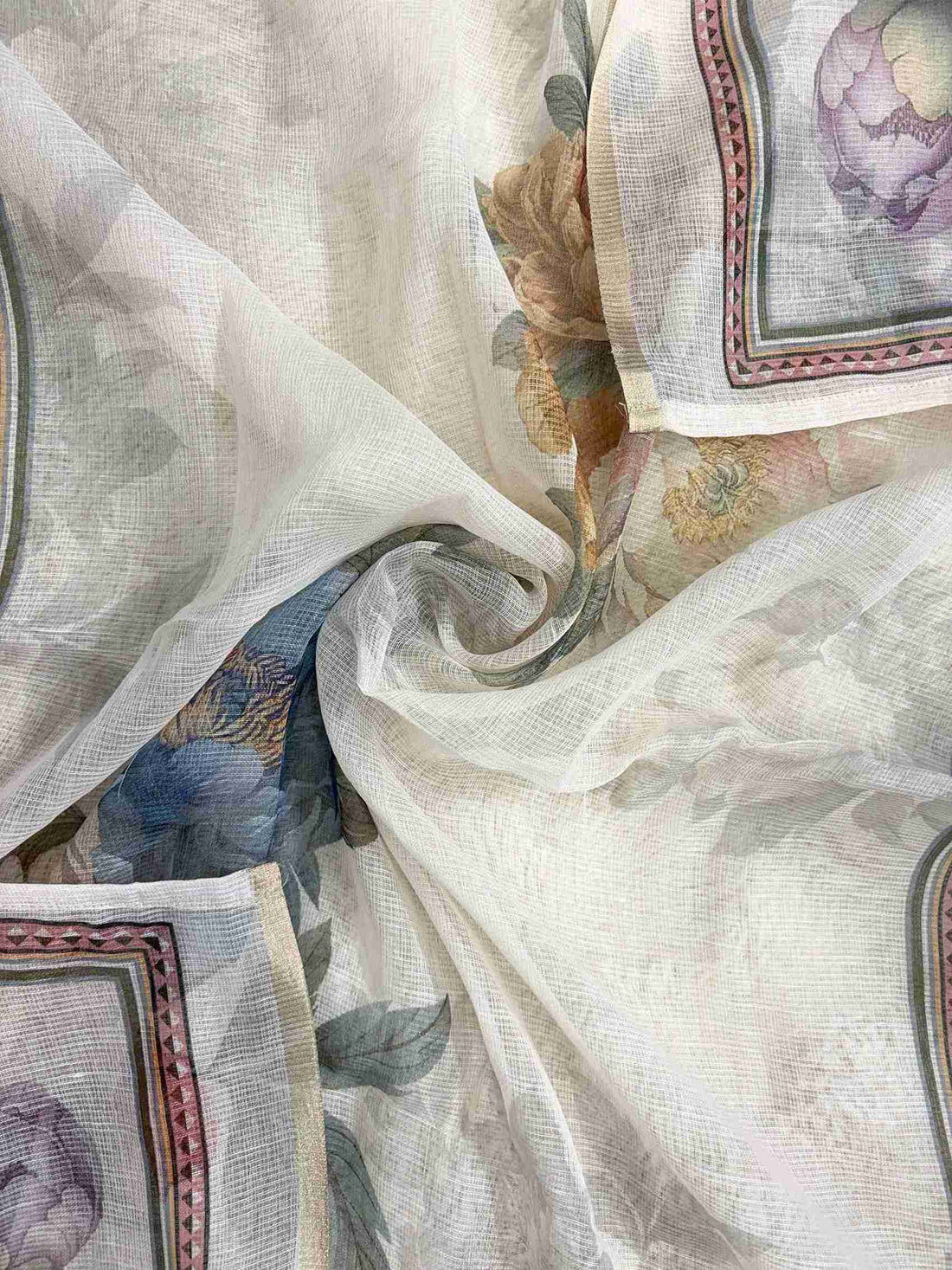 Large digital peony floral print at end of blush white kota doriya dupatta